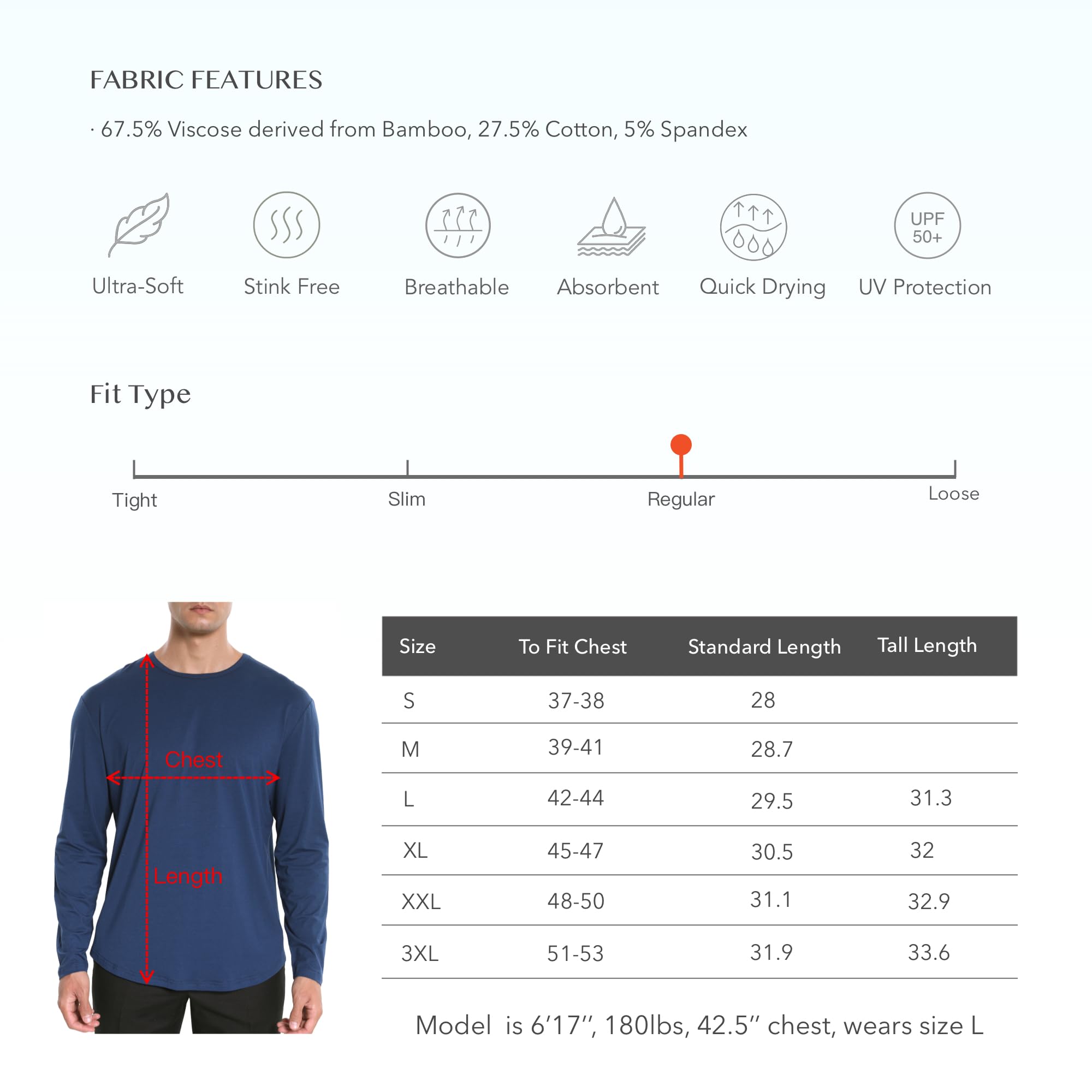 netdraw - Camiseta de bambú Ultra Suave para Hombre, con Dobladillo Curvo, Ligero y refrescante, Manga Larga y Corta