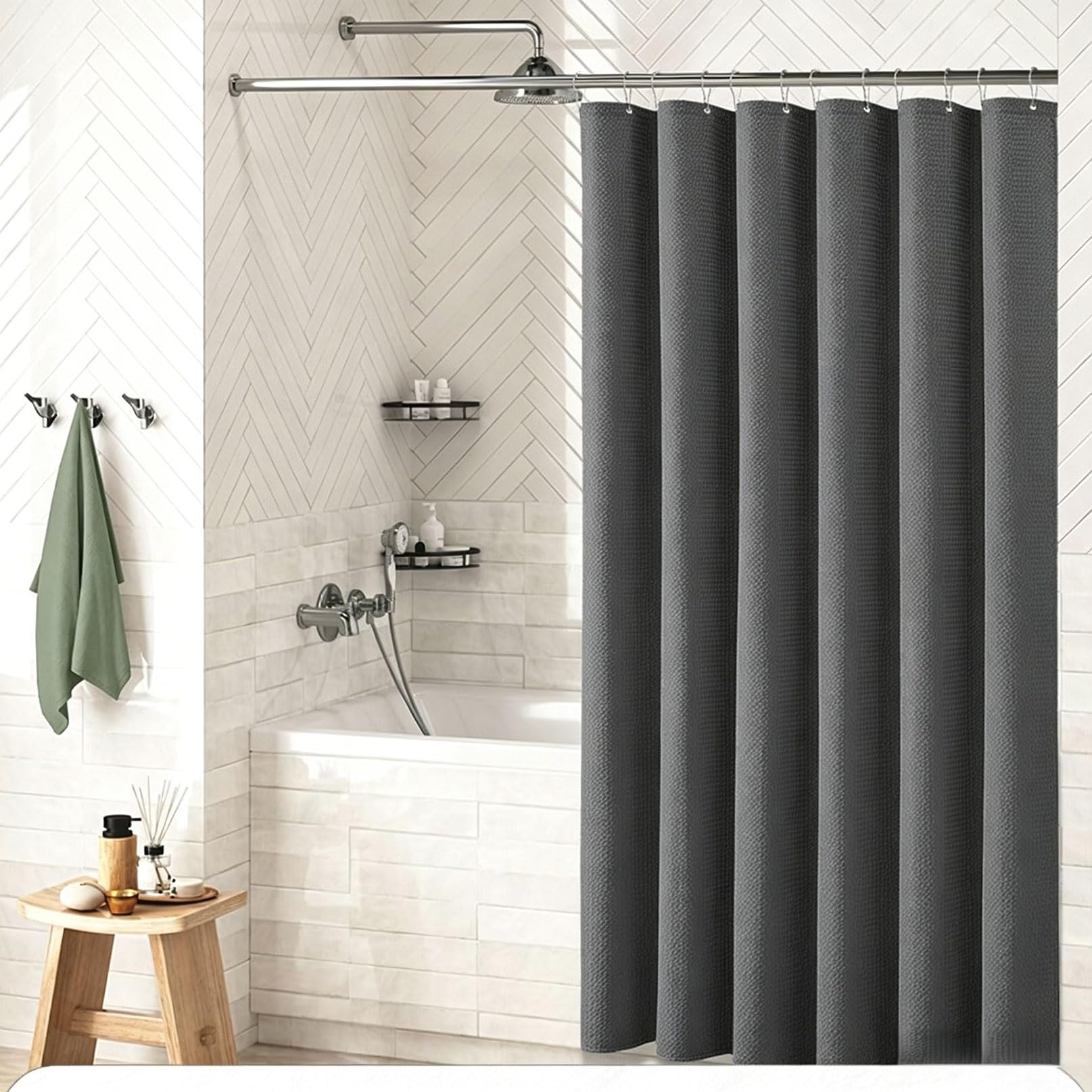RCYONGQ Shower Curtain Polyester, Water Repellant Fabric, Waffle Bathroom Curtains Includes 12 Pcs Curtain Hooks, Quick-Drying, 230g/㎡ for Bathroom Wet Room Tub(Gray,180x180cm)