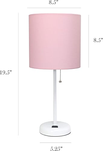 Miniatura 3 de Simple Designs LT2024-POW - Lámpara de escritorio de barra blanca con salida de carga y pantalla de tela de tambor, pantalla rosa claro (paquete de