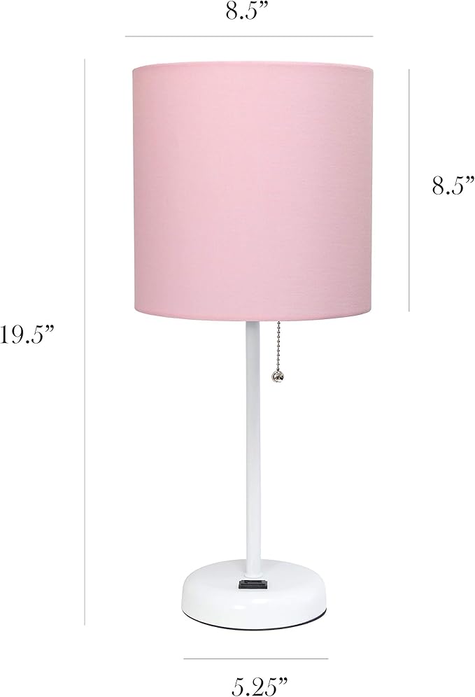 Simple Designs Simple Designs LT2024-POW White Stick Table Desk Lamp with Charging Outlet and Drum Fabric Shade, Light Pink Shade (Pack of 2) photo 5