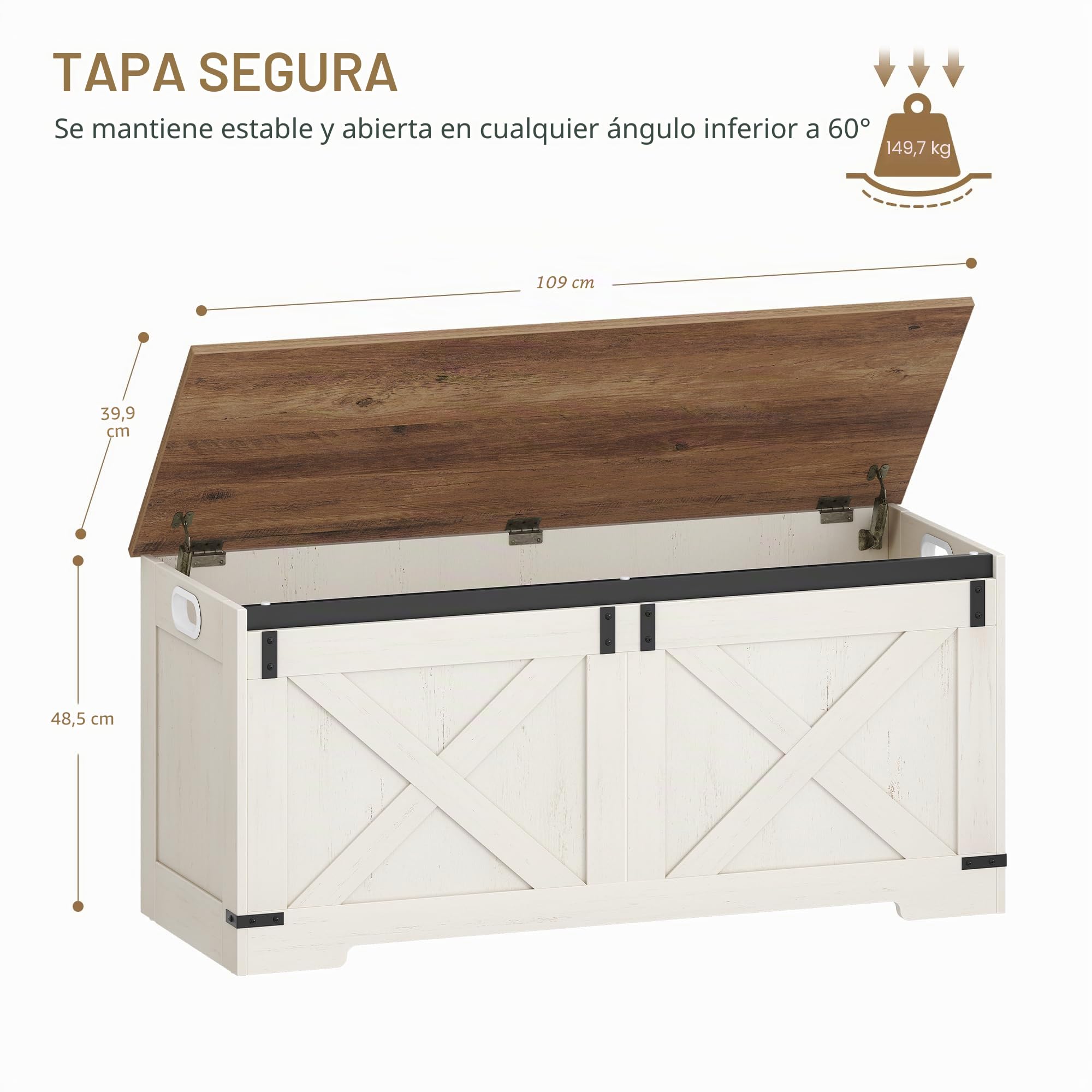 Hzuaneri 109 cm Banco de Almacenamiento, Caja de Madera con Bisagras de Seguridad, Armario de Depósito 40 x 109 x 48,5 cm, para Entrada Dormitorio Salón, Blanco Marrón SB10914X