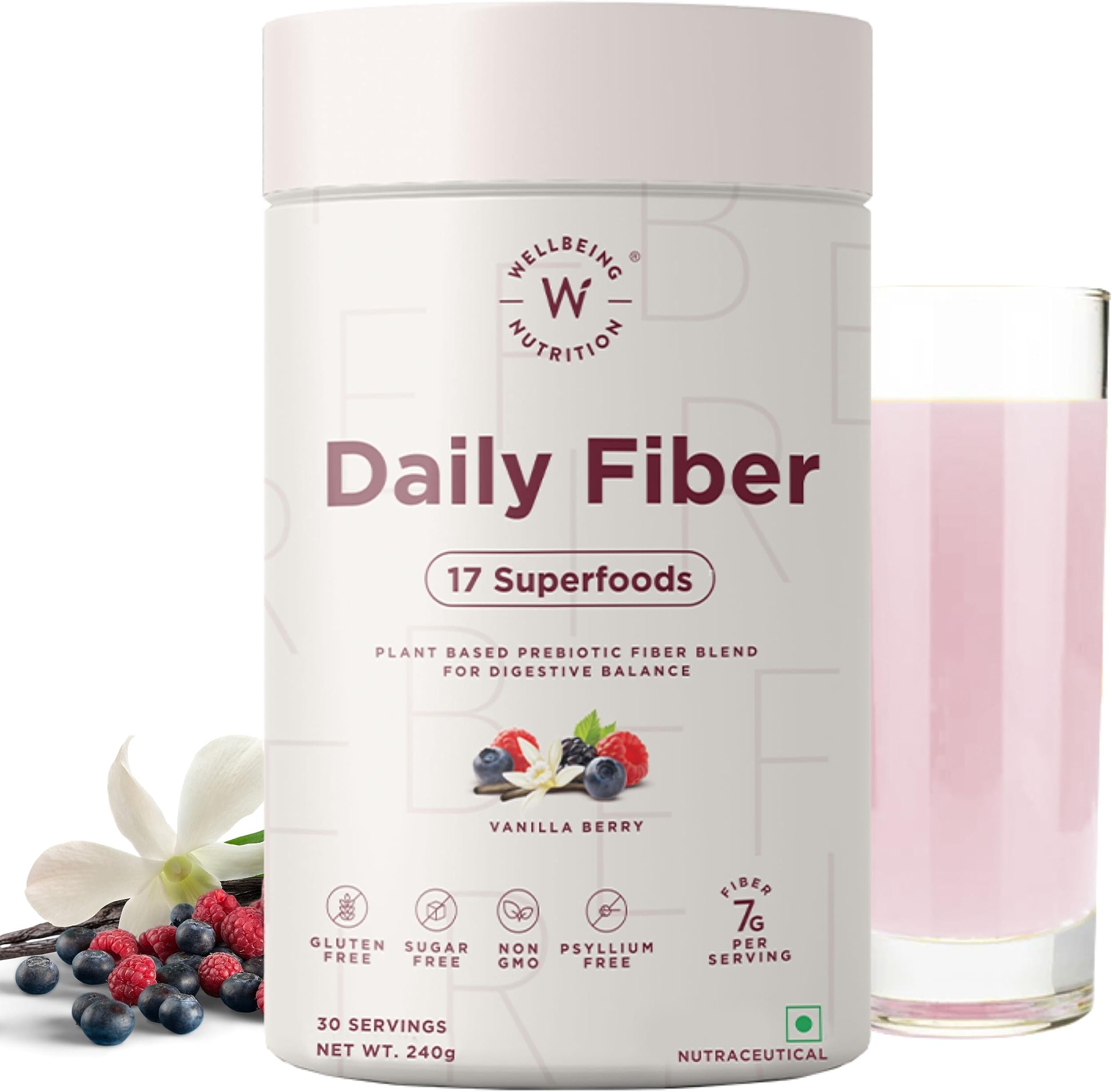 WELLBEING NUTRITION Daily Fiber Powder|Weight Management, Manages Sugar Control, Bloating, Constipation & Acidity Relief|Organic Prebiotic Digestive Fiber Supplement|Vanilla Berry|30 Servings, 1 count