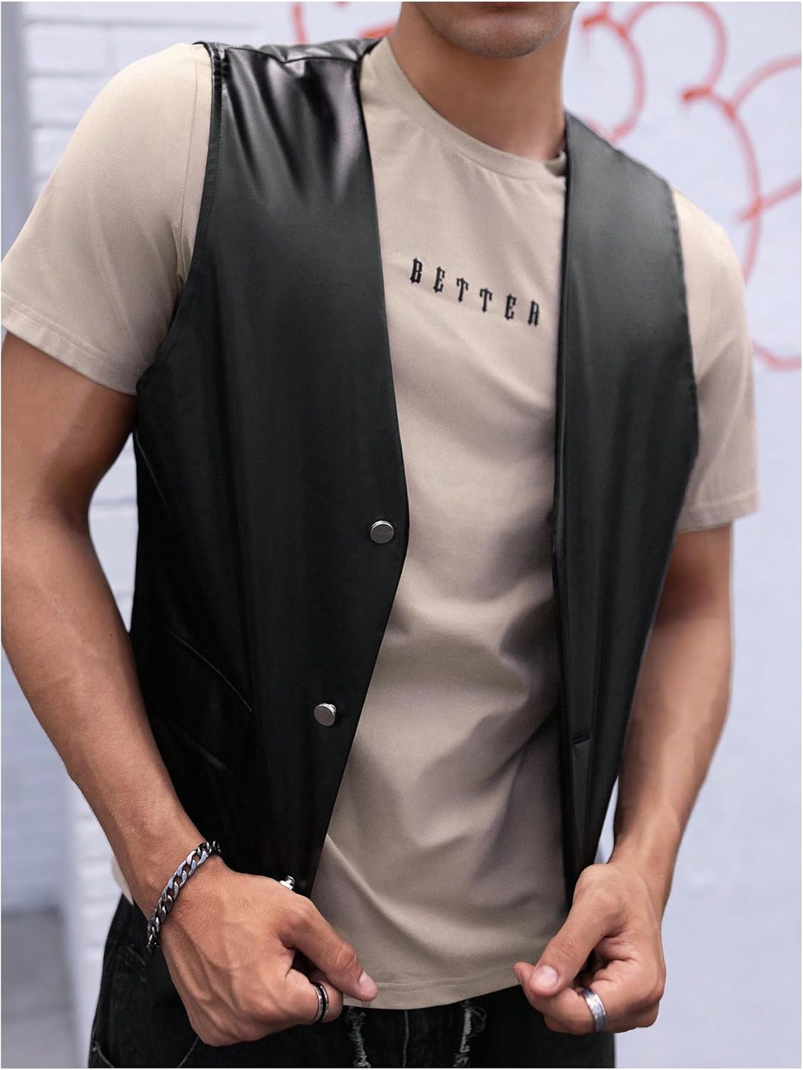 GORGLITTER Men's Leather Vest Casual Button Down Western Cowboy Cropped Vests V Neck Going Out Jacket - Image 3