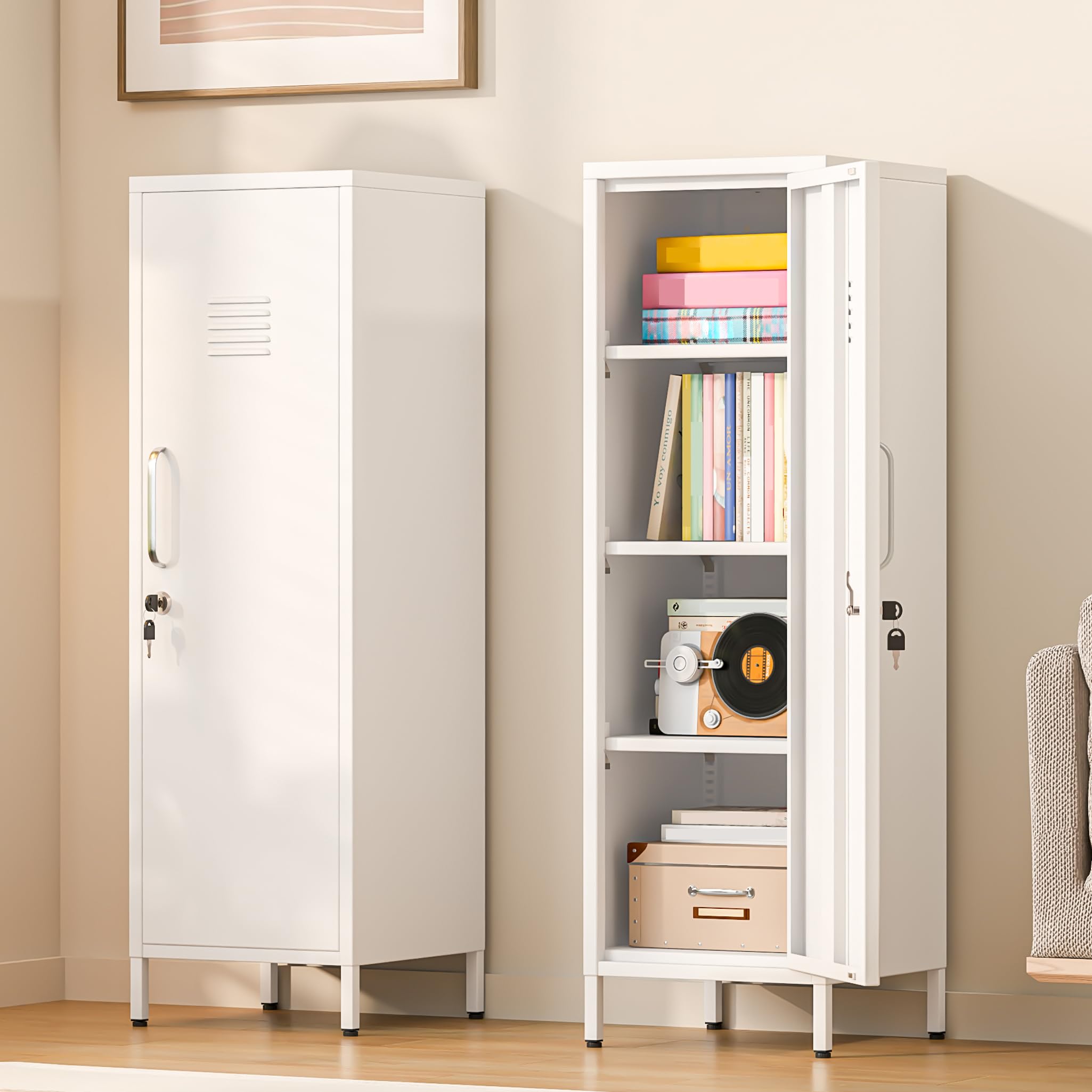 Metal Storage Locker,47" H Home Office Storage Lockers for Employees with 1 Locking Door ＆ 3 Adjustable Shelves,File Storage Cabinets forGarage, School, Office, Gym (White)