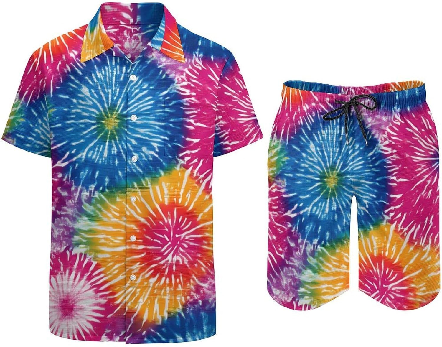 Circular Tie-Dye Fireworks Men's Summer Beach 2 Piece Outfits | hawaiian button down shirt and shorts,vacation cruise,mens bathing suit