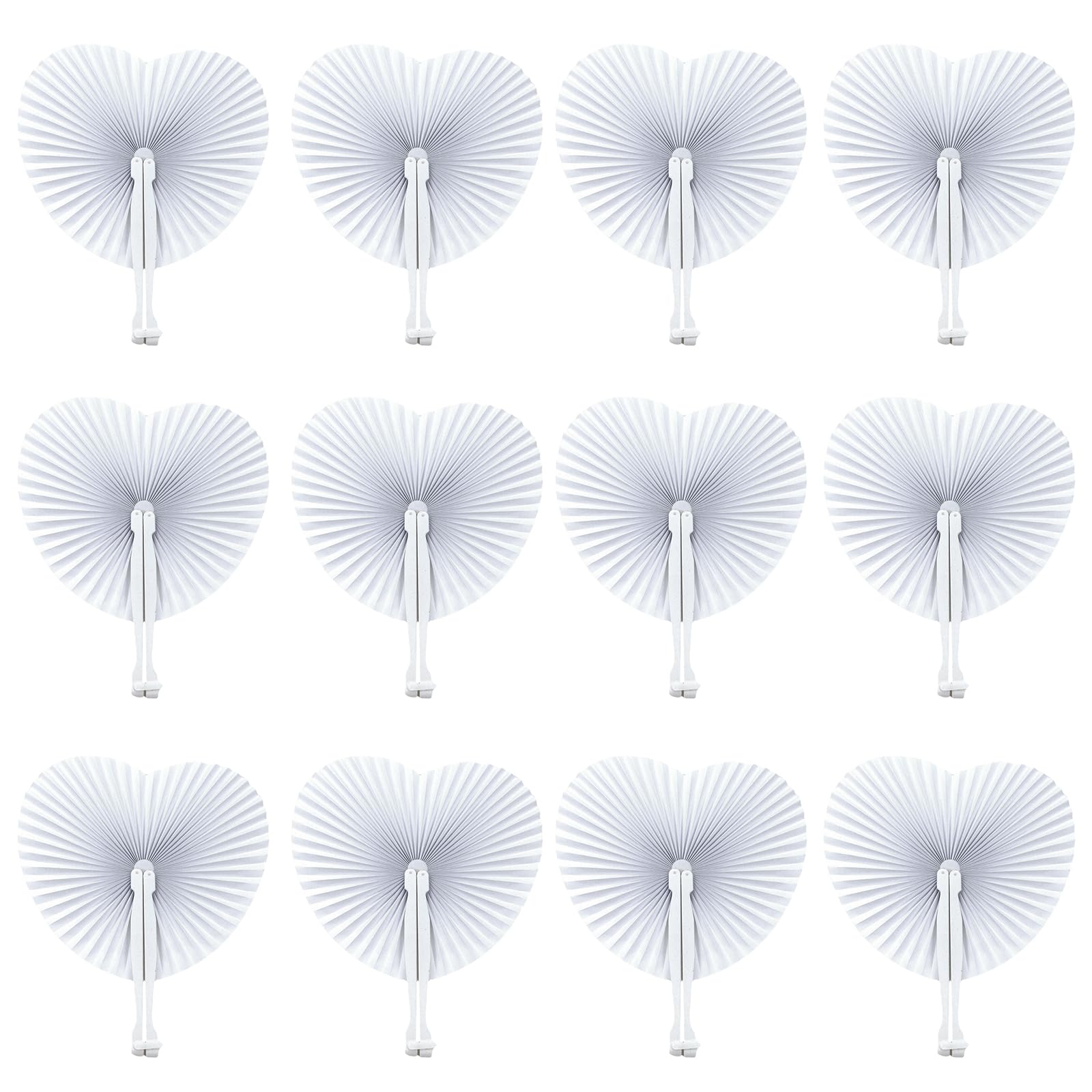 12Pcs White Paper Fans Heart Shaped Wedding Fans Handheld Folding Hand Fan with Plastic Handle Chinese Handheld Fans for for DIY Craft Summer Wedding Dancing Birthday Bag Fillers Party Favour (White)