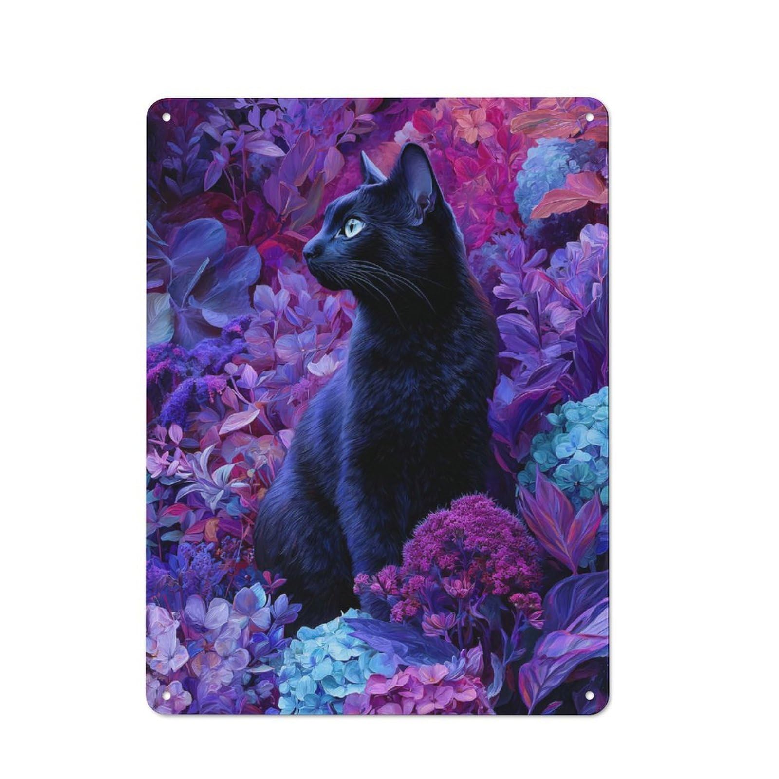 Junmoney Style-18 Black Cat In Floral Fantasy Vintage Metal Sign 40X30cm, Retro Classic Pub Decor For Cafe, Pub, Workshop Or Home Bar