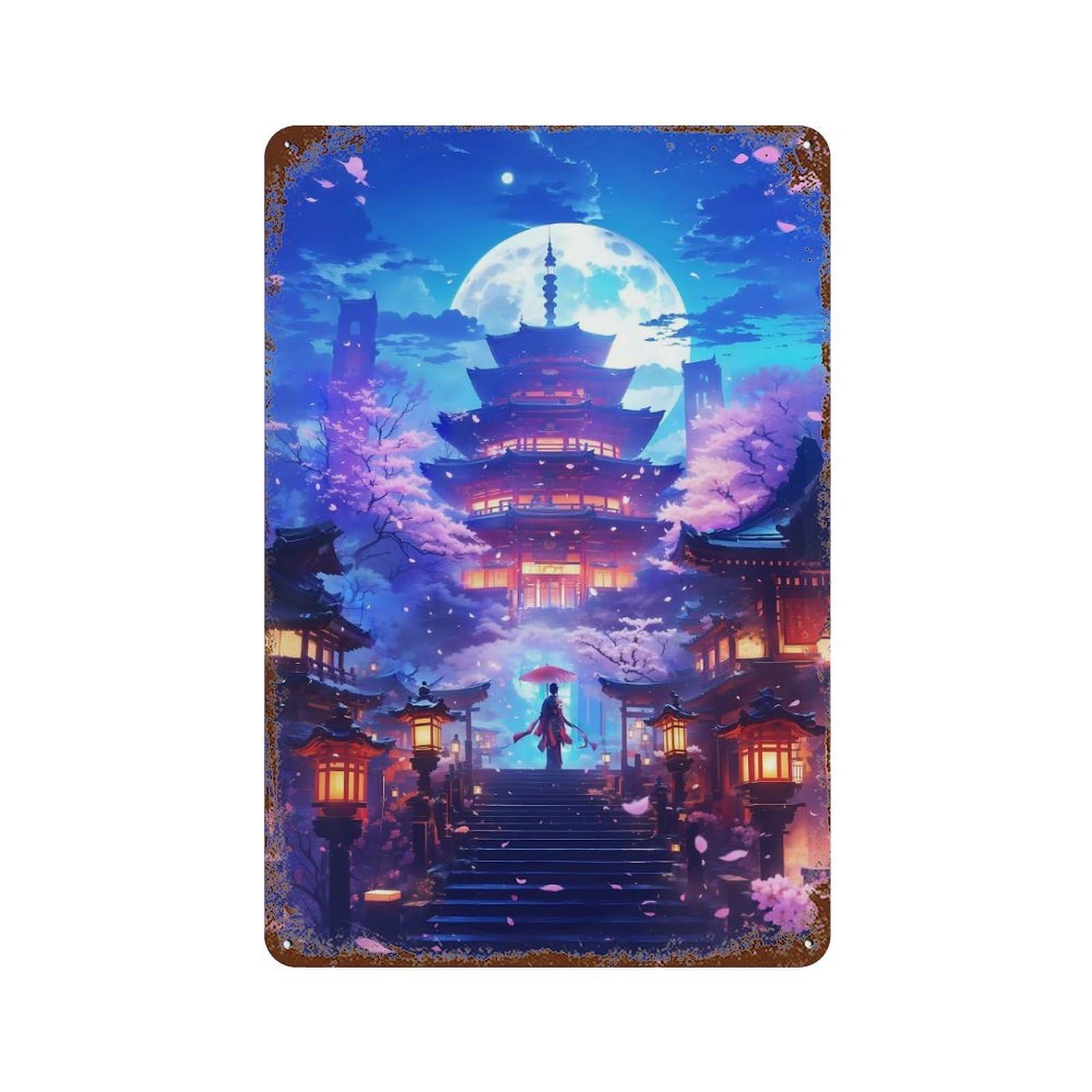 Rust Effect Celestial Sakura Temple Vintage Rust Metal Sign 11.8"x7.9", Old School Wall Decor for Cafe, Home Bar And Lounge Decor