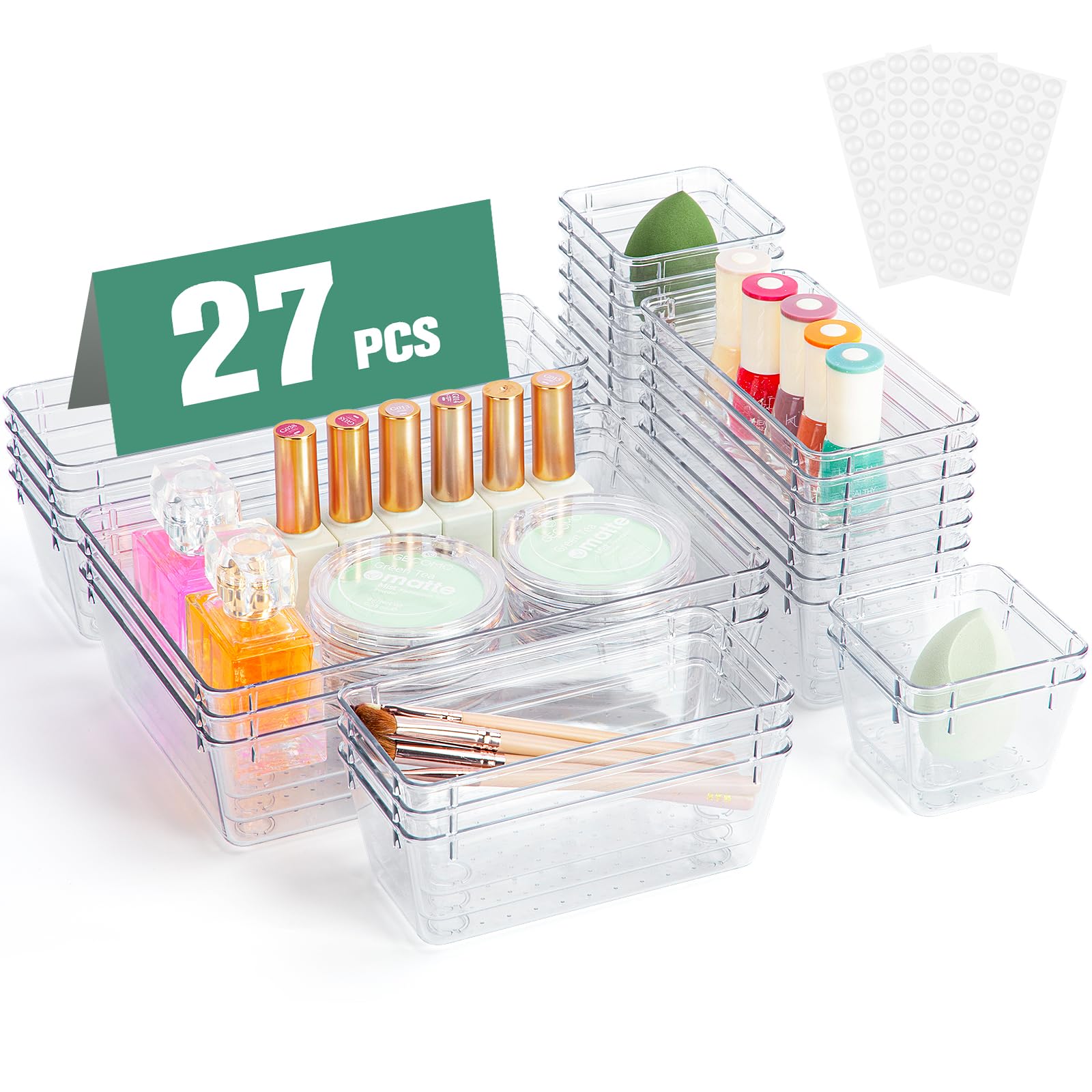 Avmvnvc 27 PCS Organizadores de Cajones, Organizador Cajones de Plástico Transparente, Bandejas de Almacenaje de 3 Tamaños, Almacenamiento de Cajones de Escritorio para Baño/Maquillaje/Cocina/Oficina