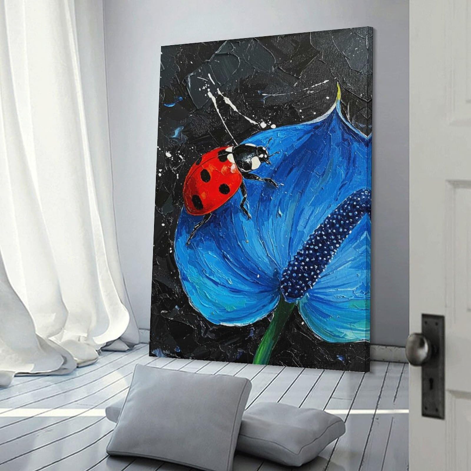 Junmoney Frame-Style-24 Ladybug On Blue Anthurium Painting Decorative Wall Artwork 20X30inch(50X75cm), For Corridors, Hallways Or Apartment Entries, Home Artwork For First Impressions