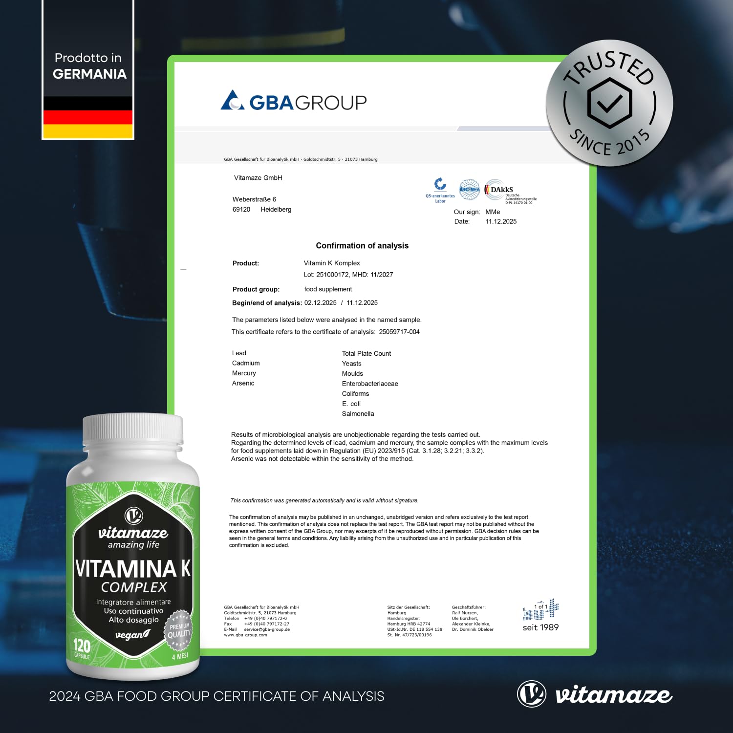 Vitamaze® Vitamina K Complesso 2200 mcg con Vitamina K2 MK7 + MK4 y Vitamina K1 Menachinone ad Alto Dosaggio e Vegan, 120 Capsule, Biodisponibilità Ottimale, senza Additivi. Qualitá Tedesca