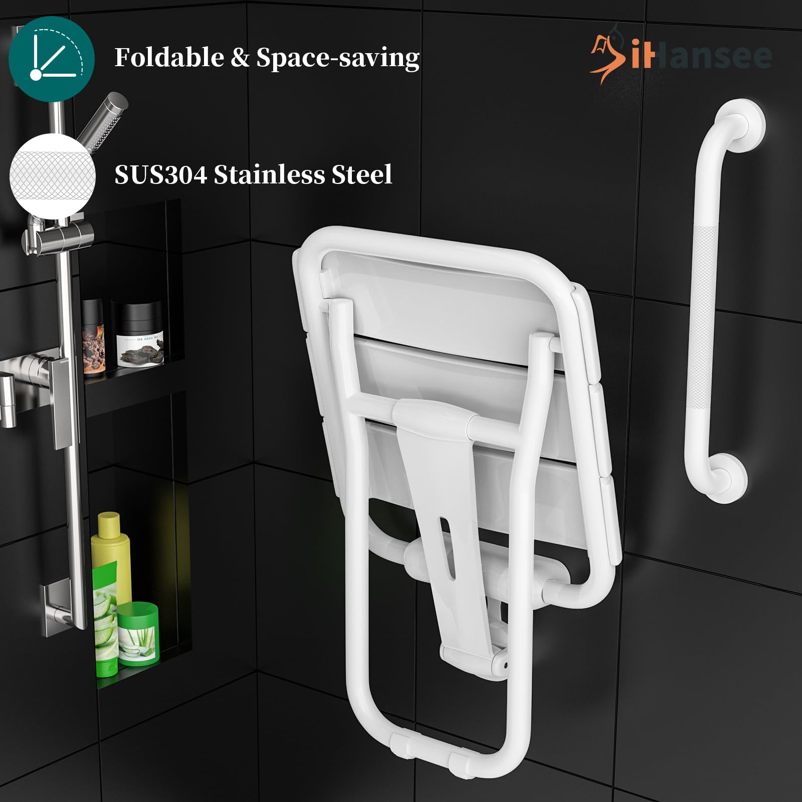 Asiento de ducha plegable montado en la pared de 14 x 16 pulgadas con barra de agarre de 14 pulgadas, banco de ducha estrecho de acero inoxidable para ancianos y discapacitados, silla de ducha