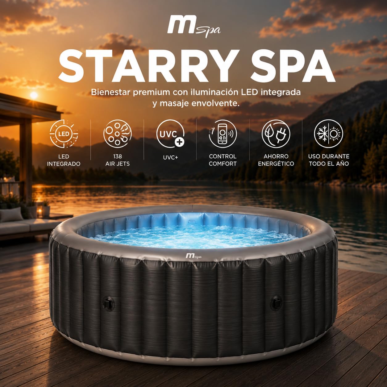 MSpa Starry SPA Hinchable Circular 4-6 Personas con hidromasaje Air Jet, luz LED, calefacción, filtración Inteligente y desinfección UVC