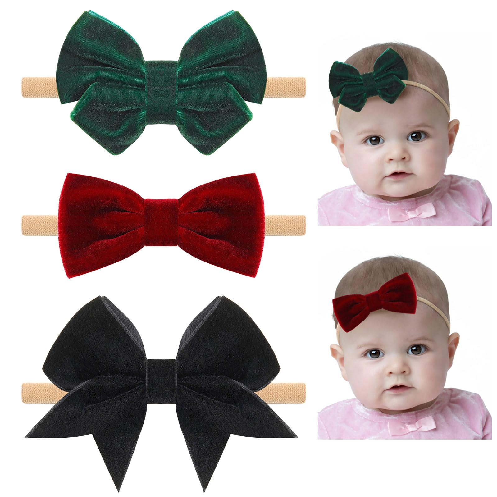 Lazos de terciopelo de 4 pulgadas, 3 diademas elásticas de nailon hechas a mano, lazos para recién nacidos, diademas para bebés y niñas recién nacidas