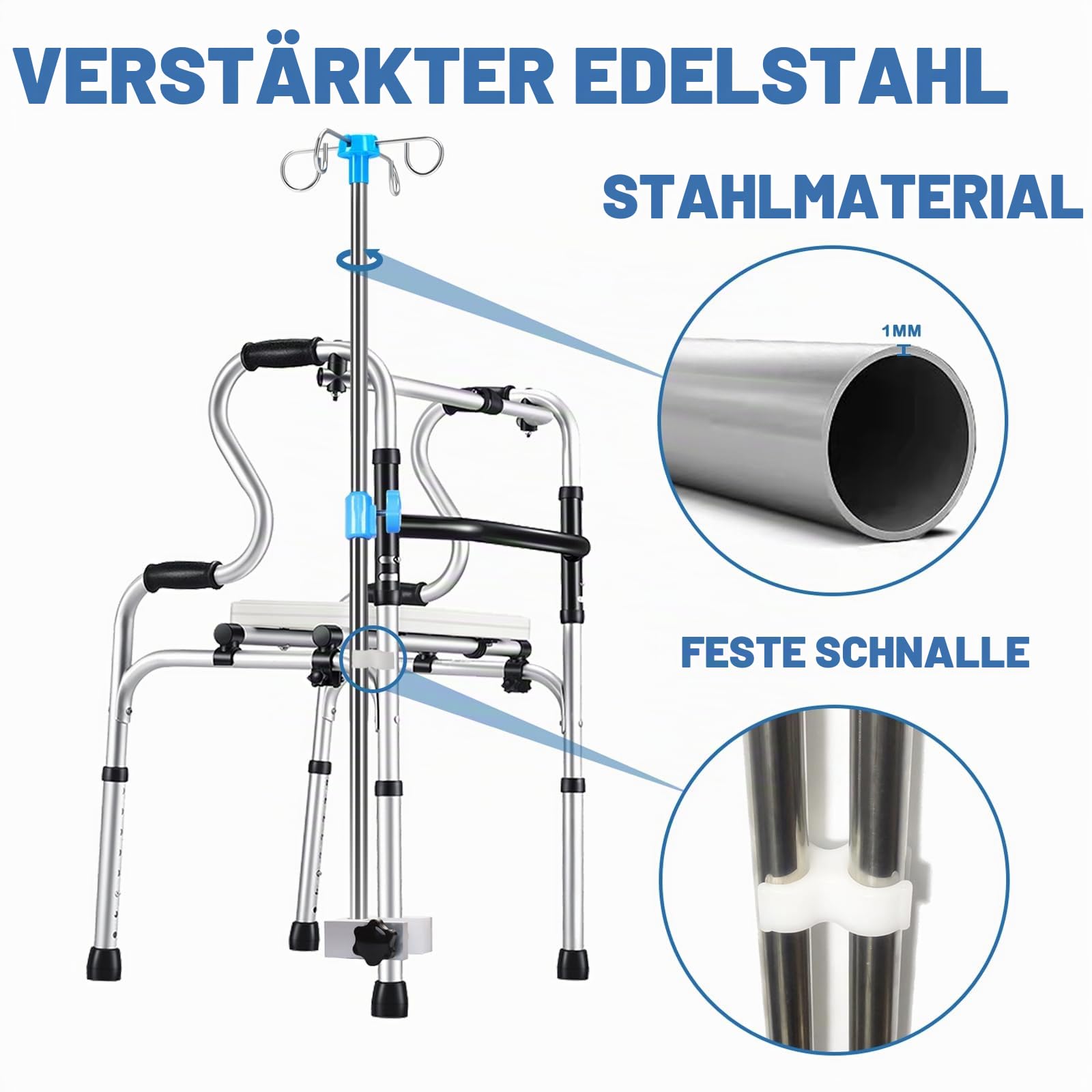 Infusionsständer für Rollstuhl, 4 Verstärkte Haken und Solide Metallbasis, infusionsständer klappbar, Zubehörhalterung für Rollstuhl, Verstärkter Edelstahl, höhenverstellbar von 75–133 cm