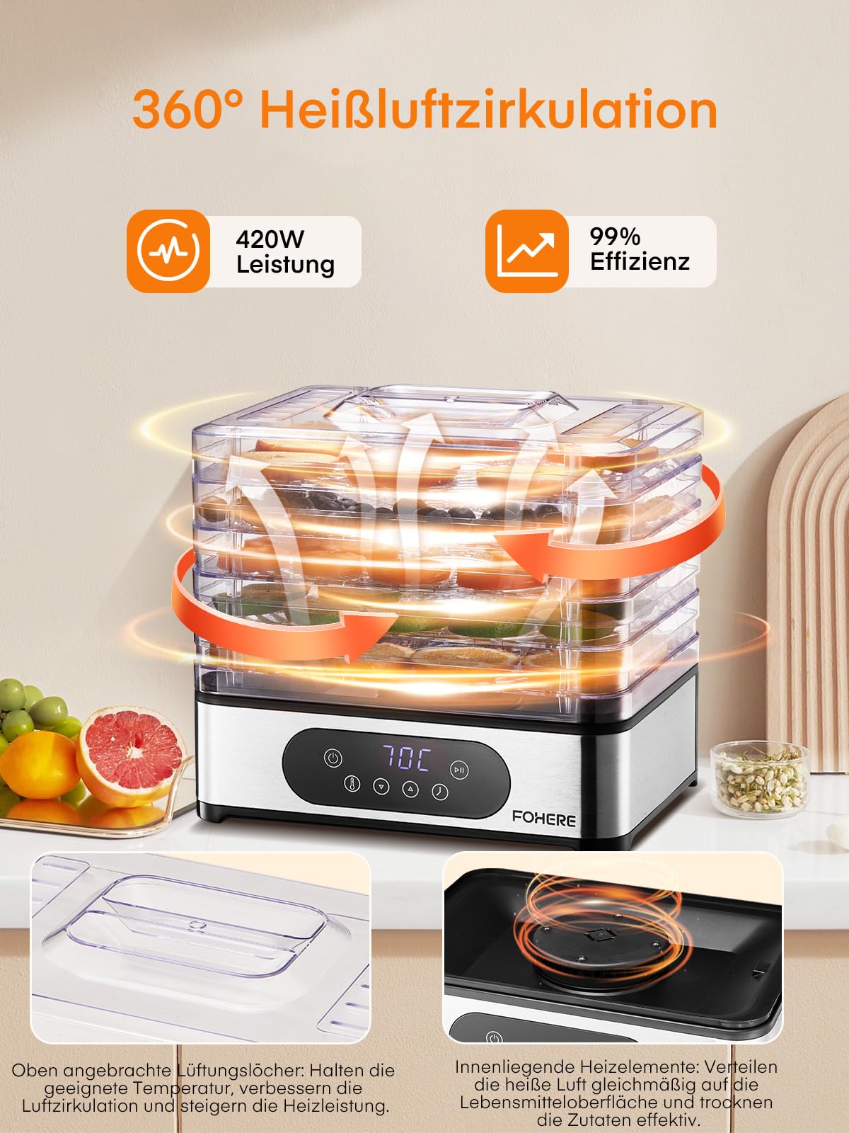 FOHERE Dörrautomat Edelstahl, Dörrgerät mit 5 höhenverstellbaren Tabletts, LED-Anzeige, 420W, 35-70°C, 48h-Timer, für Lebensmittel, Pilze, Früchte, Fleisch, Fisch, Gemüse, BPA frei