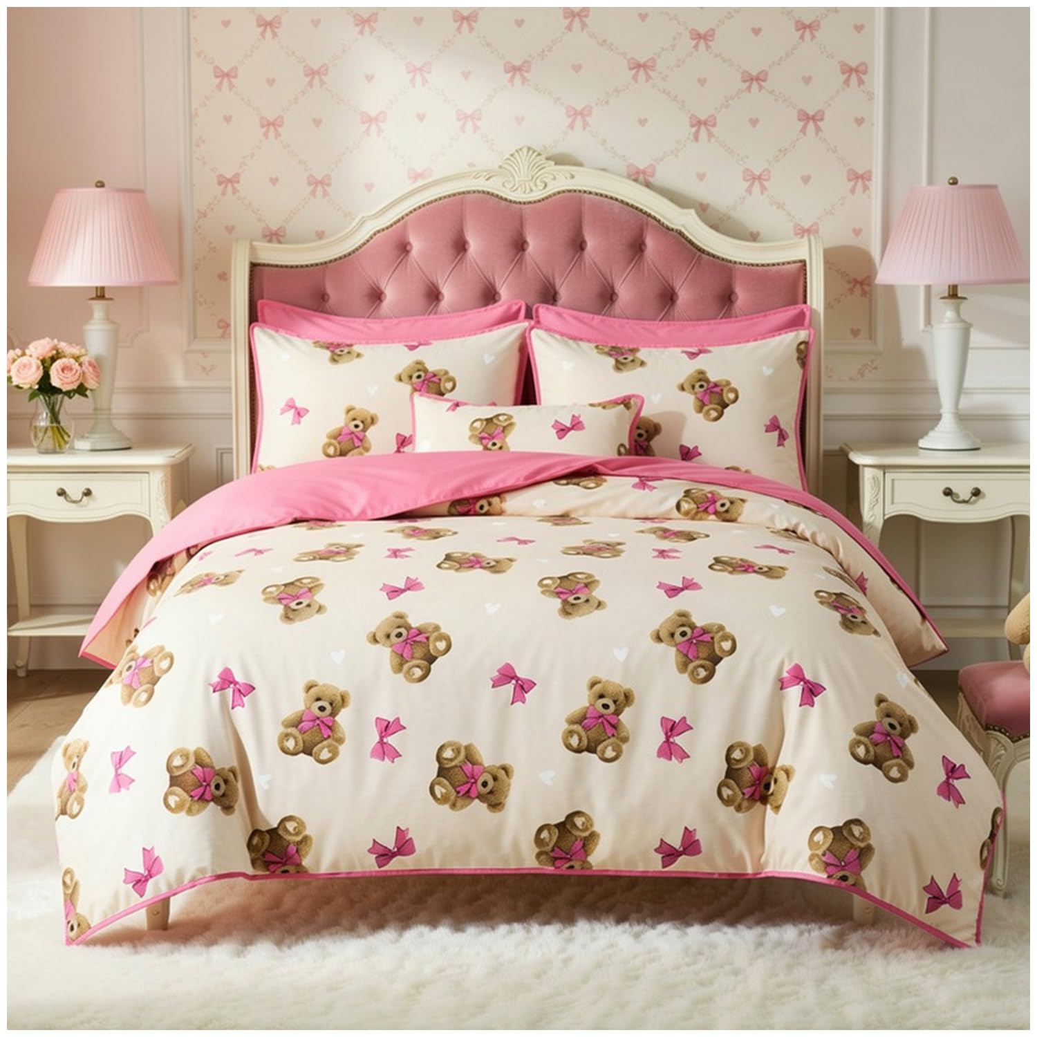 GC GAVENO CAVAILIA Teddy Bear Bows King Duvet Cover Set - Pink