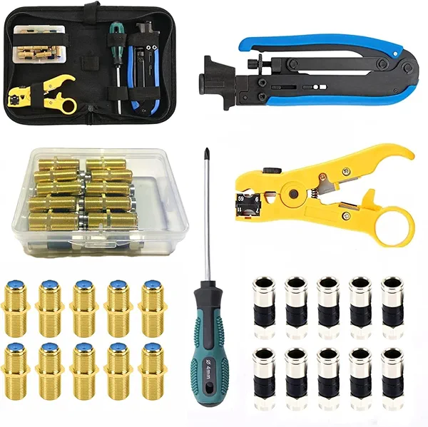 Gaobige Coax Cable Crimper Tool Kit, Coaxial Compression Tool for rg6 rg59 rg11, Wire Stripper, 10pcs RG6 F Male and Female Connectors, Screwdriver