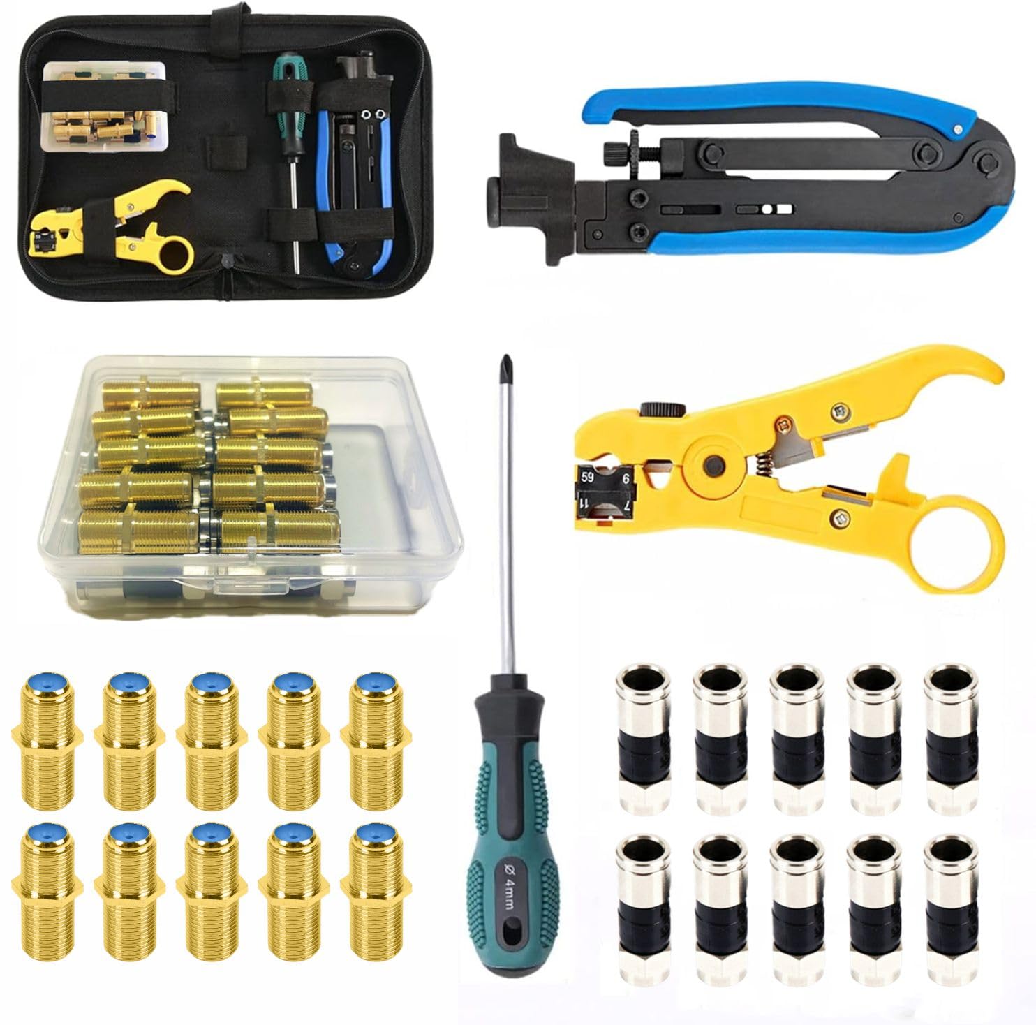 Gaobige Coax Cable Crimper Tool Kit, Coaxial Compression Tool for rg6 rg59 rg11, Wire Stripper, 10pcs RG6 F Male and Female Connectors, Screwdriver