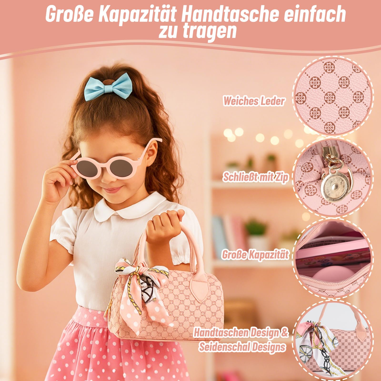 Handtasche Mädchen Set mit Spiel-Make-up – Kreatives Rollenspielspielzeug, Mädchen im Alter von 3 bis 6 Jahren, Mit Tasche, Zubehör und Schminkset