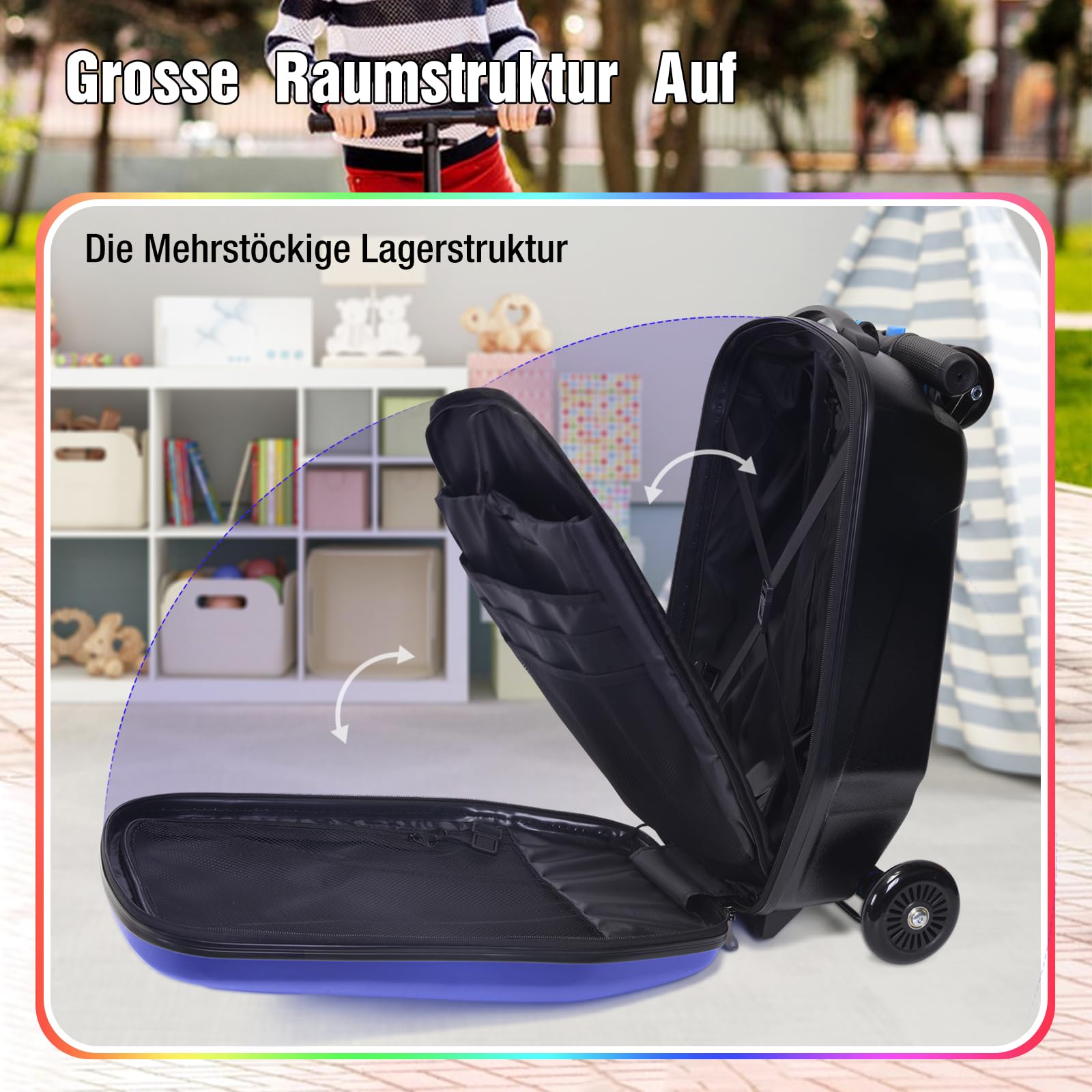 Icoget Maleta para patinete infantil 2 en 1 de viaje, maleta plegable de mano con 3 ruedas, color azul