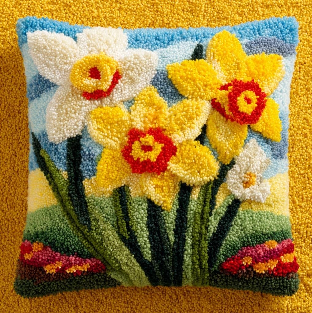 AxiangziK 17x17in Latch Hook Kits for Adults Beginners,Daffodils DIY Crochet and Latch Kits Pillow Cover for Home Sofa Decoration,Includes Instructions