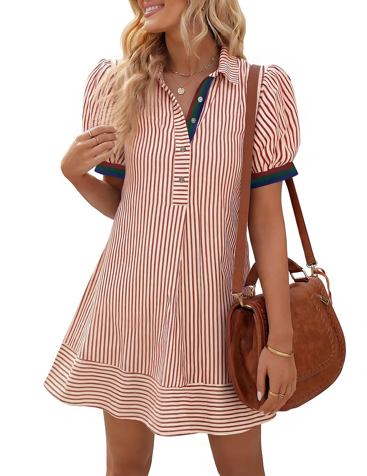 Wenrine Womens Summer Striped Short Sleeve Casual Button Shirt Mini Dresses
