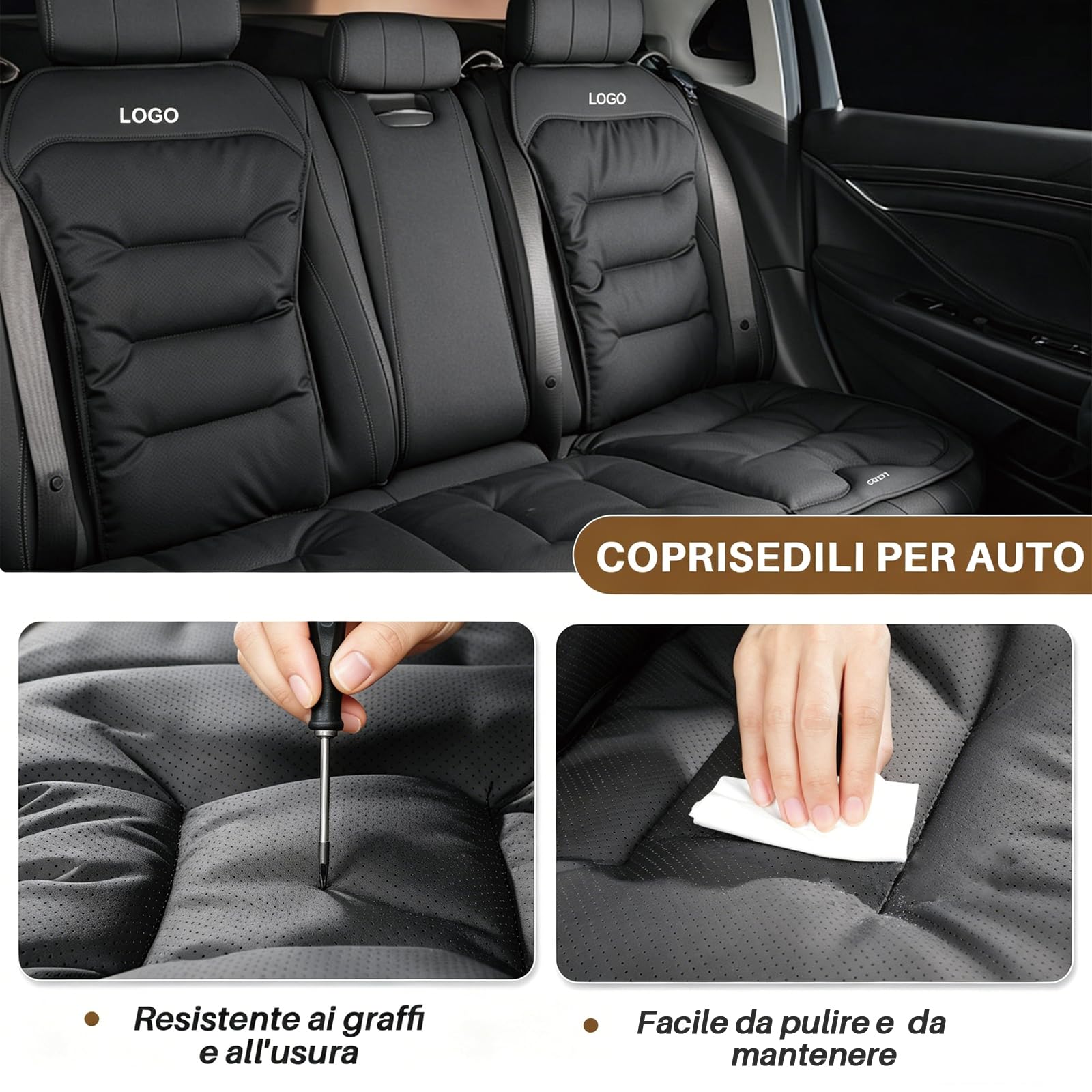 Pelle Nappa Coprisedili Auto Universale Personalizzato con Logo, Cuscino Lombare, Antiscivolo, Morbido Traspirante 5 Colori