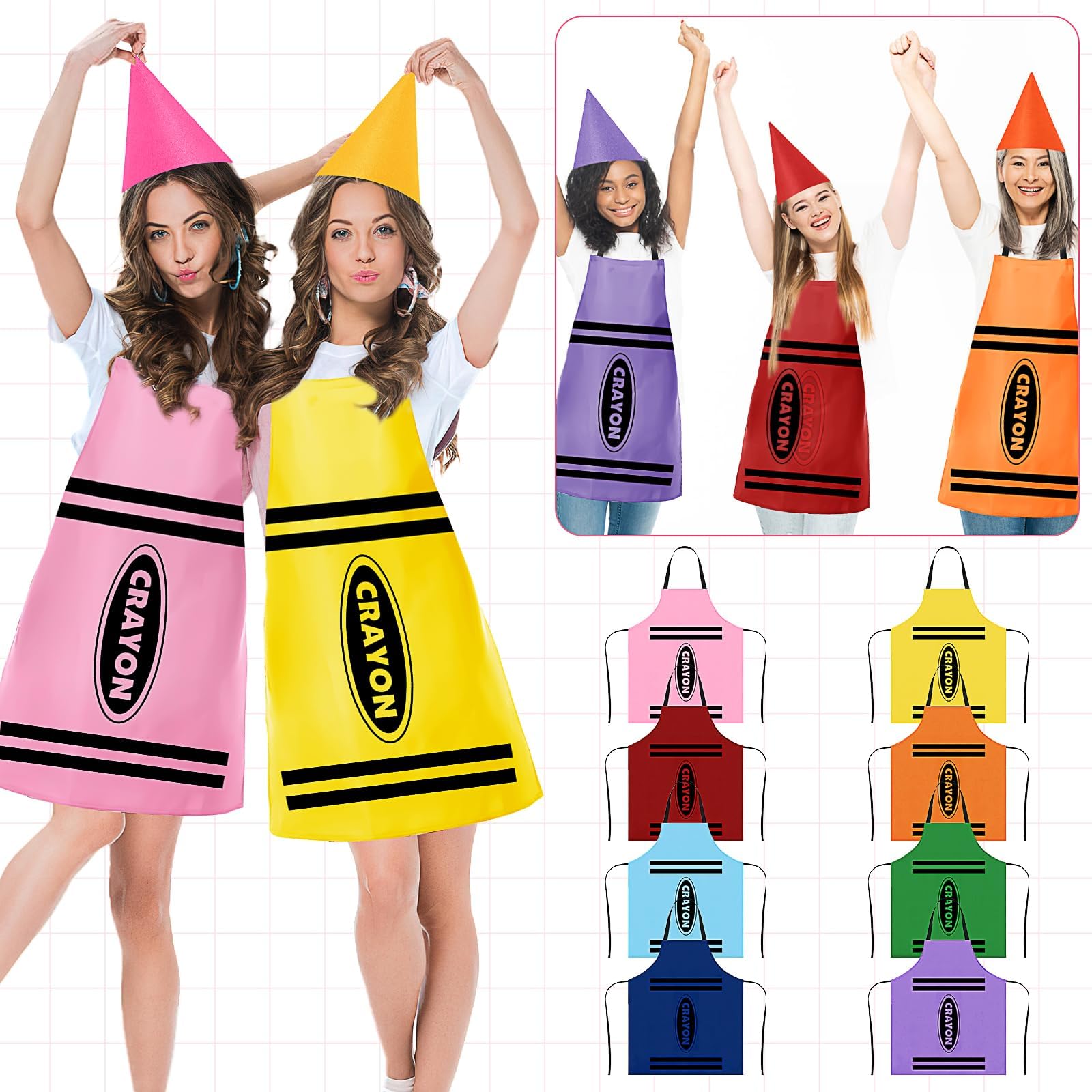 Juego de 8 delantales coloridos y sombreros divertidos para adultos, diseño de lápiz para Halloween, fiesta, Cosplay y disfraz de grupo