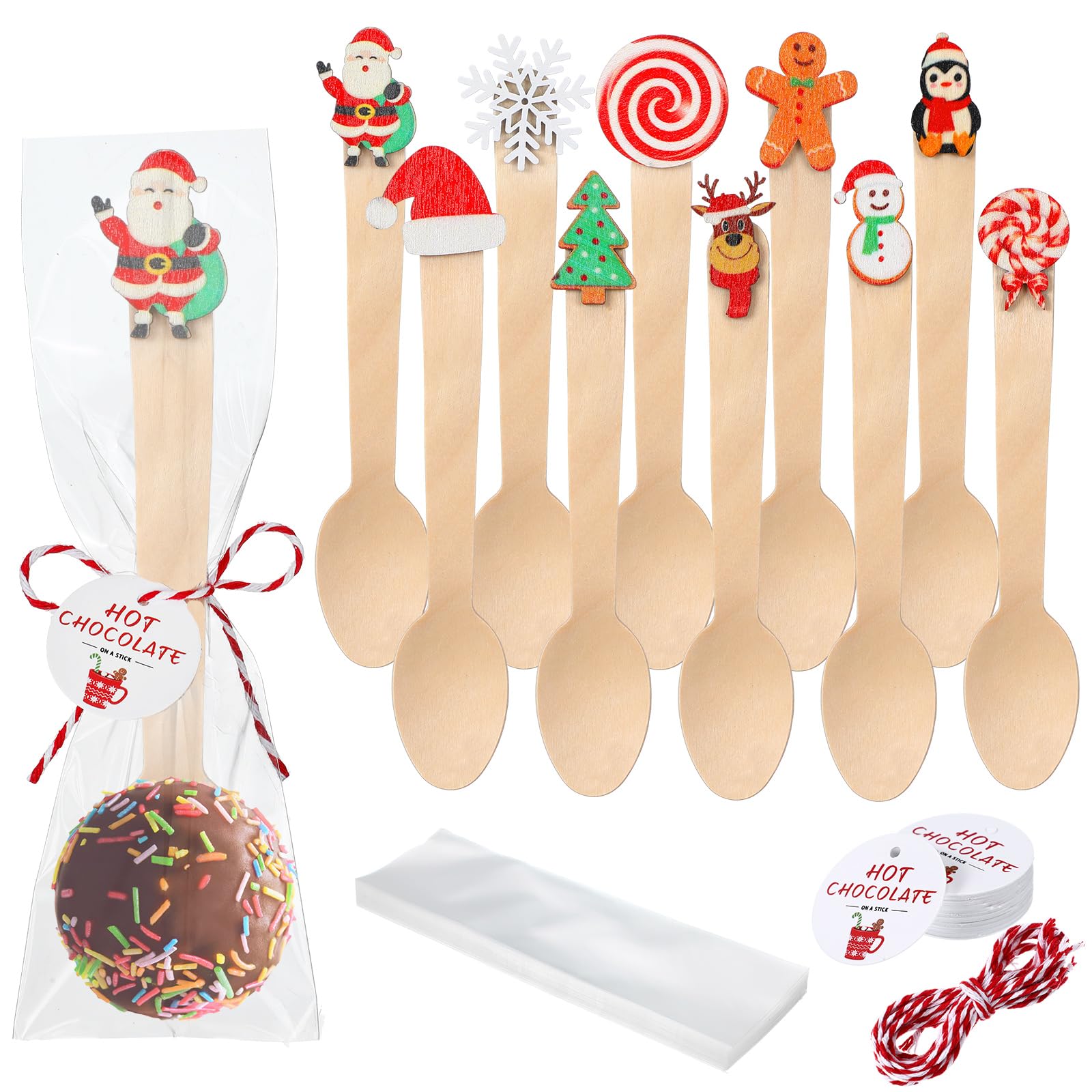 Teenyyou 100 Set Christmas Wooden Spoons Hot Cocoa Chocolate Marshmallow Bar Stirring Spoons Chocolate with Tag Bag Rope Gift for Cake Candy Baking(