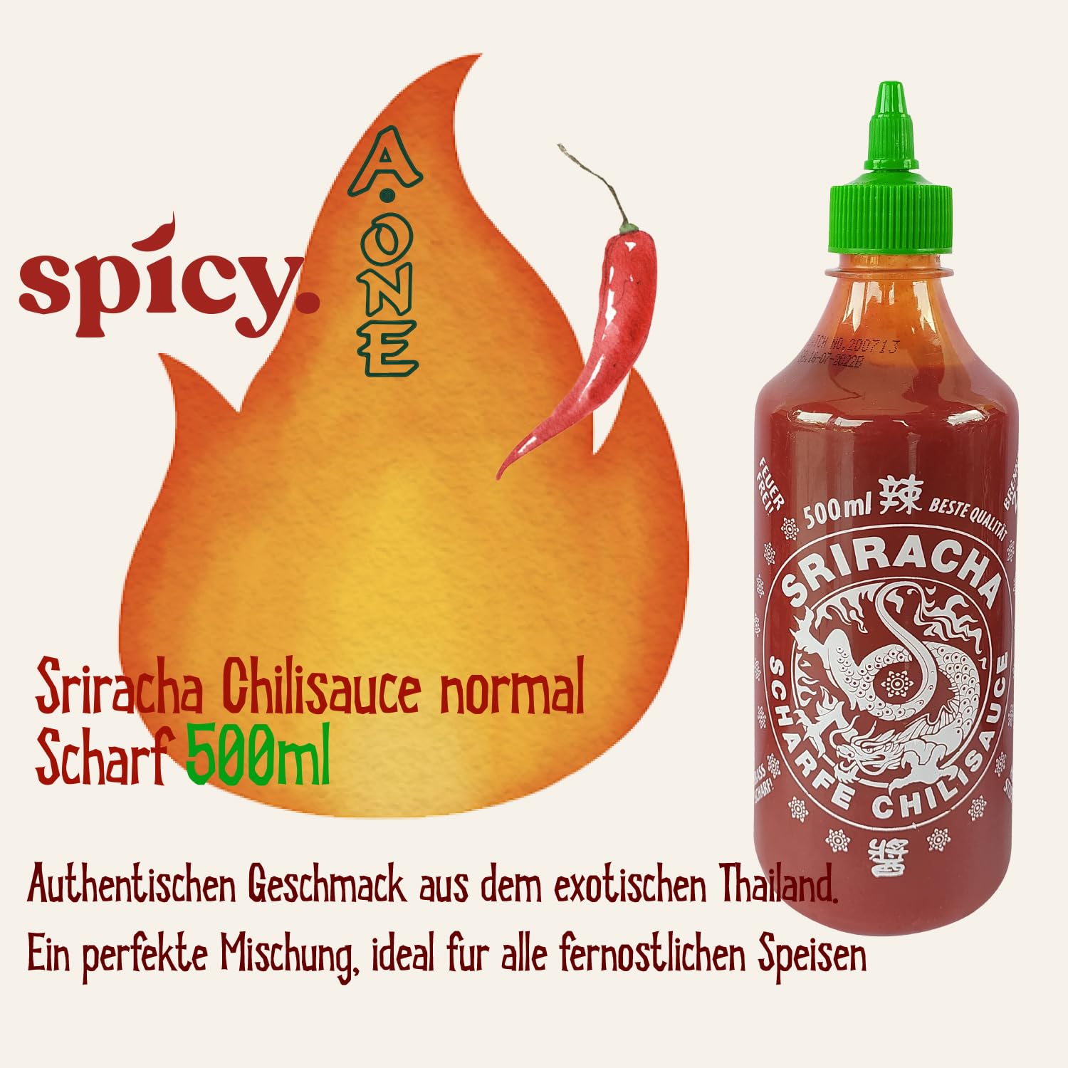 A-One Sriracha Salsa original 12 x 500 ml clásica salsa de chile picante – Paquete de 12 salsa de chili – Salsa de condimentos – Super para gastronomía