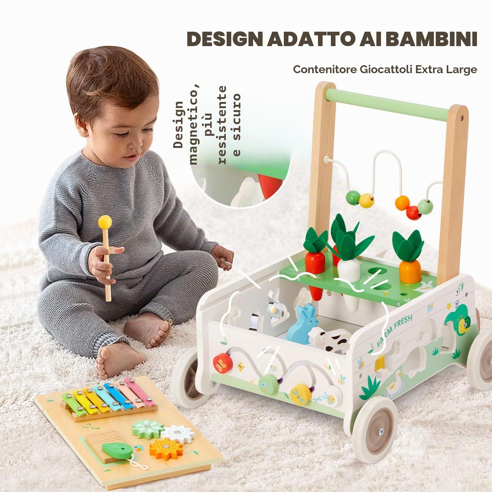 labebe - Girello Bambino, Primi Passi Legno per Bambini&Bimba, Girello Neonato&Bambino Primi Passi, Carrellino Girello Primi Passi per Bambini Legno, Giro Girello Giardino/Esterno per 1-3 Anni Bambini