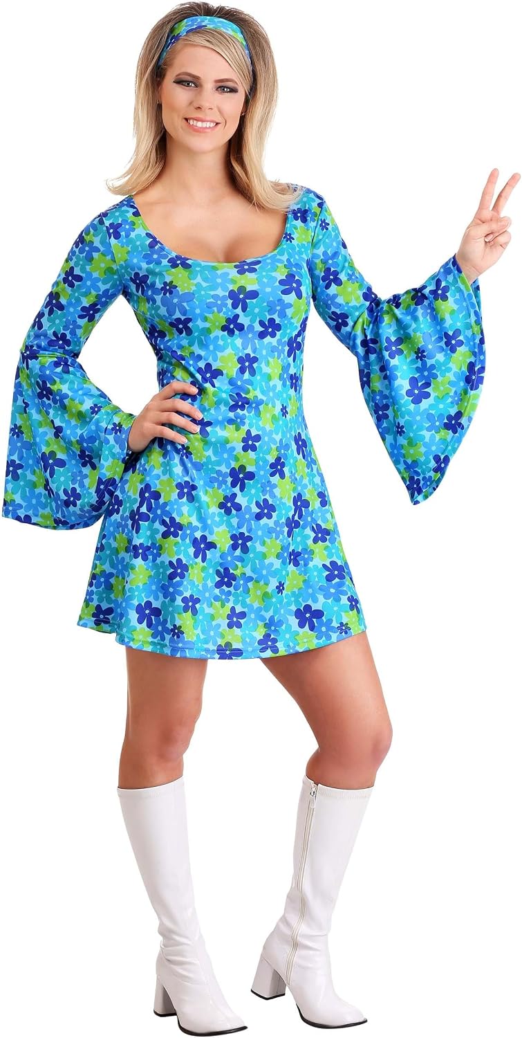 Wildflower Hippie Dress Costume | 70s Outfit For Women Floral Print Minidress, Scoop Neckline And Flared Sleeves