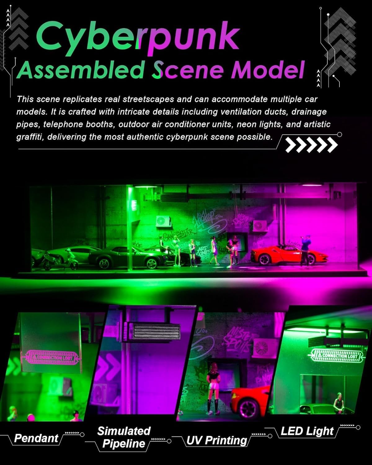 1:64 Diorama Cyberpunk Garage Model, LED Parking Lot Scene Display Case image 5