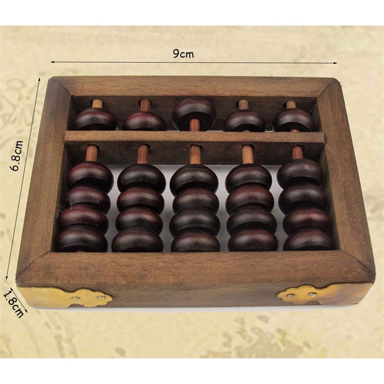 Miniaturowy liczydło z mahoniu w stylu vintage, dekoracja biurowa w stylu retro przynosząca szczęście, mała ozdoba na biurko, brązowe opakowanie prezentowe, 9 x 6,8 x 1,8 cm, 1 szt.