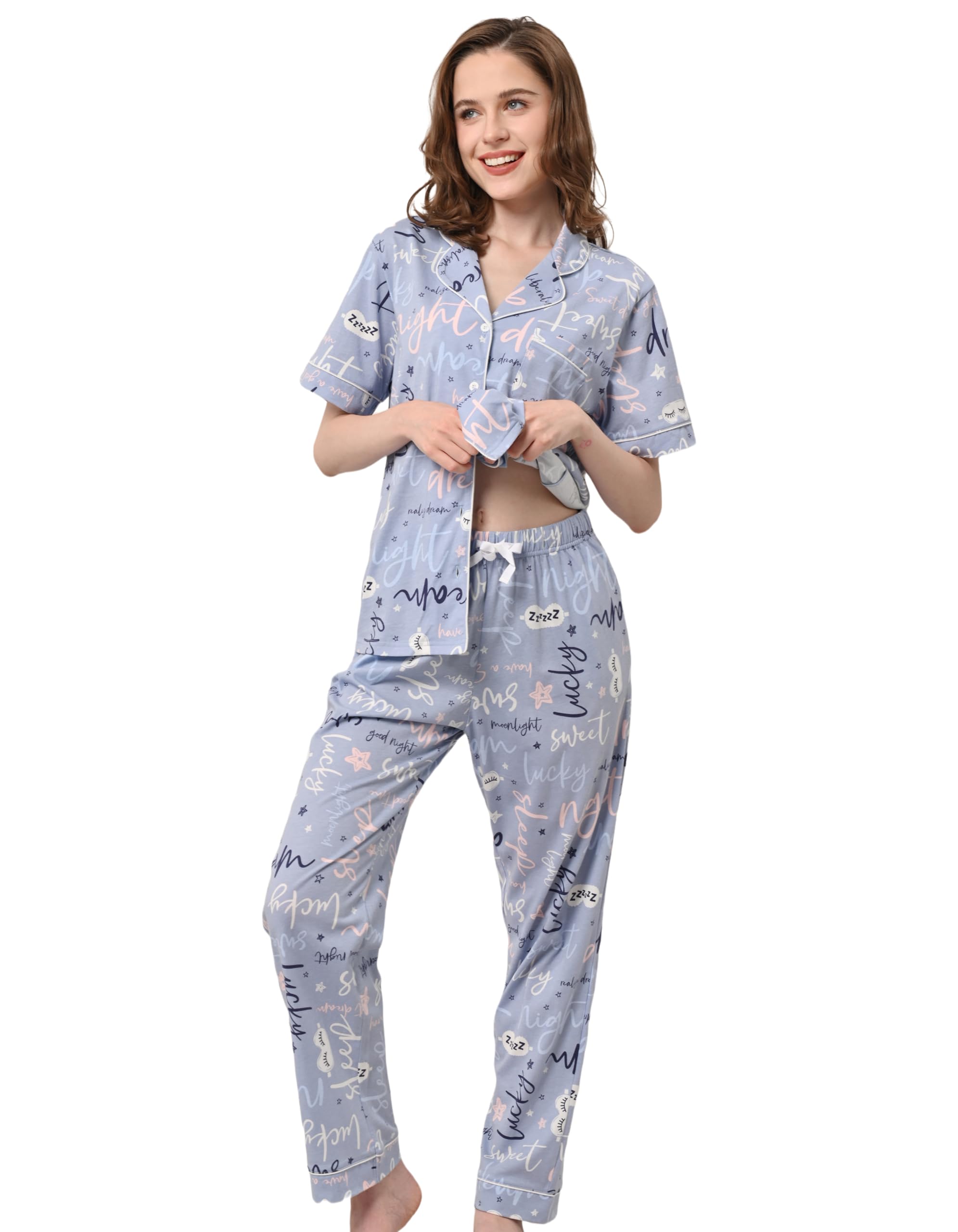 NAP BOUND 100% Cotton Women's Pajama Sets Short Sleeve Button Down Soft Pjs 2 Piece Lounge Set with Pocket Nightwear XS-XXL