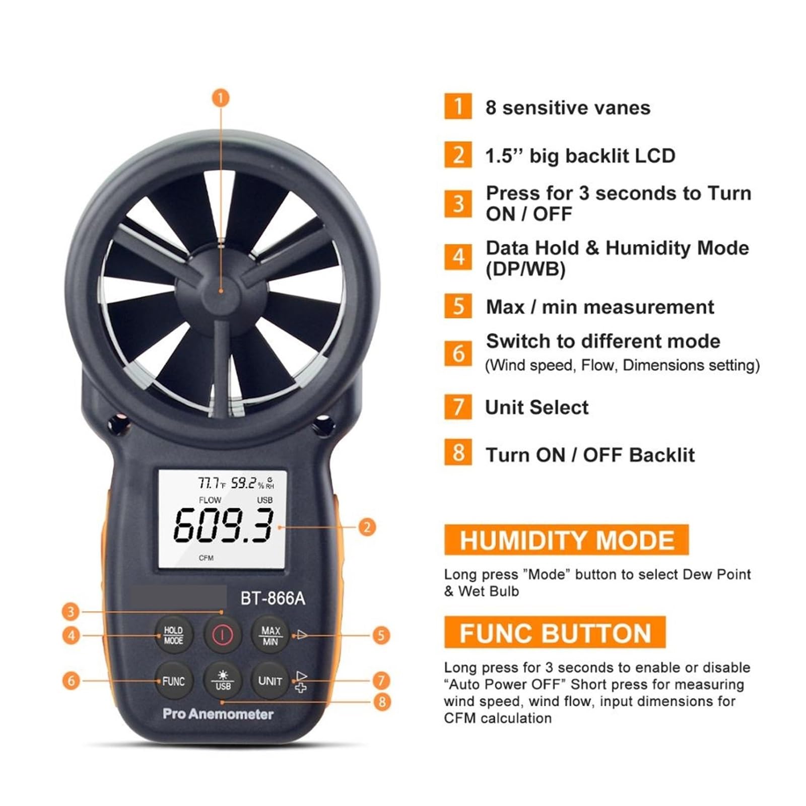 Anemómetros, Anemómetro digital portátil con medidor de CFM y conexión USB. Medidor de flujo de aire que mide la temperatura y velocidad del viento.