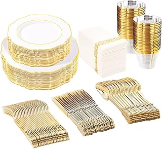 WDF 50Guest Gold Plastic Plates - Disposable White and Gold Plastic Plates include 100Plates, 150Gold Plastic Silverware, 50Cups, 50Napkins - Thanksgiving Plates for Wedding&Parties