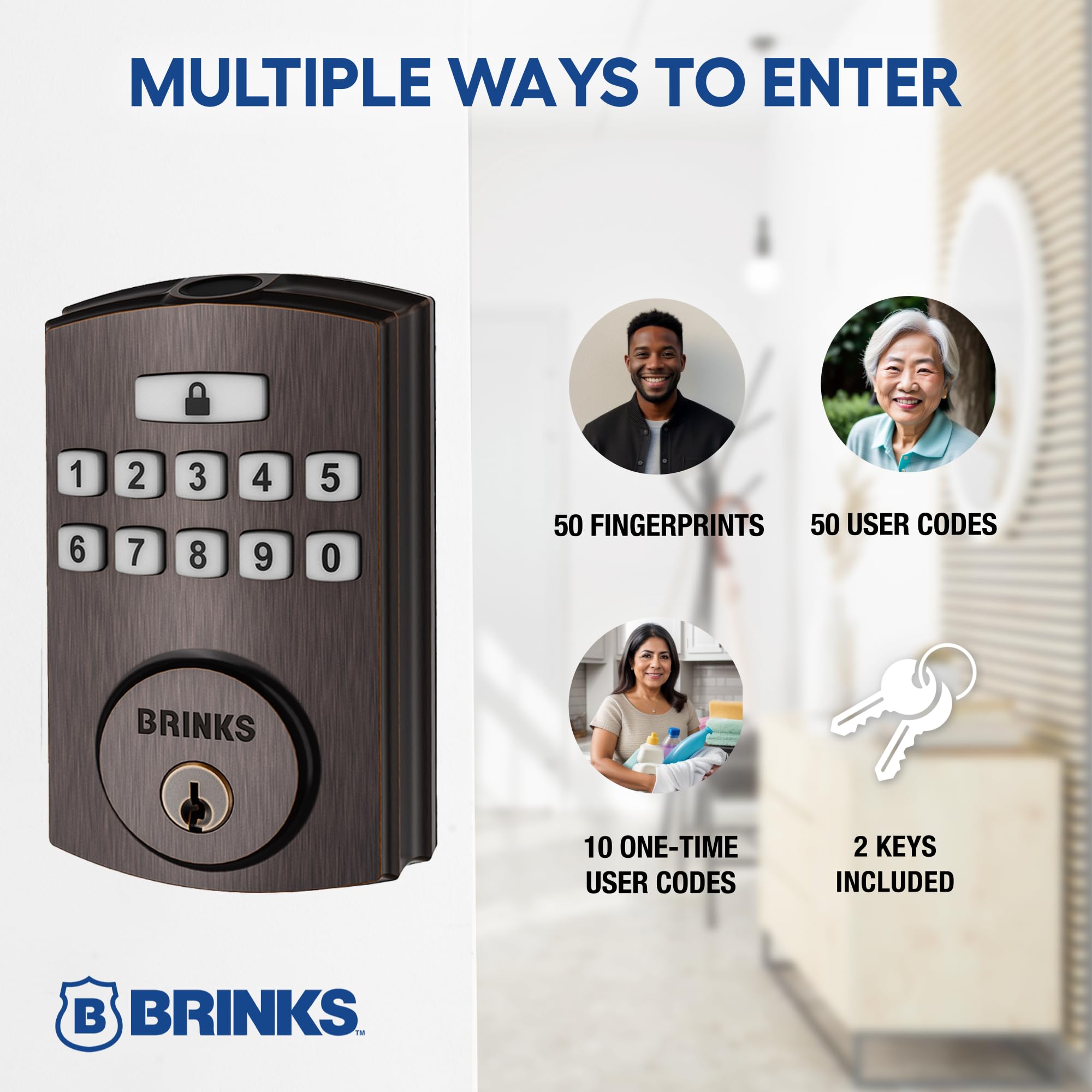 Brinks Serratura elettronica per porta d'ingresso, con tastiera e impronta digitale, serratura intelligente ad alta sicurezza per porta d'ingresso, fino a 50 codici utente, chiusura automatica, bronzo