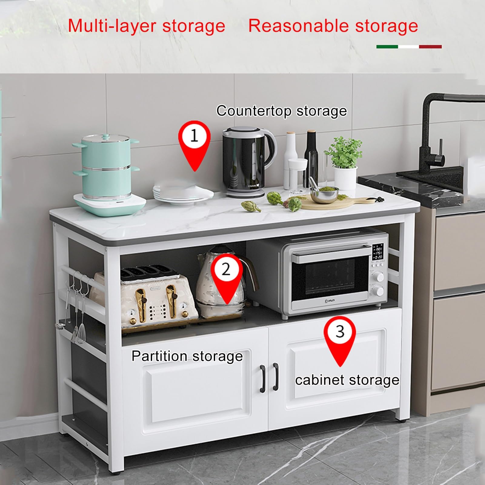 Armadio Da Cucina Con Microonde E Stazione Di Ricarica 2AC+2USB – 83x40x80 Cm, Luci LED Bluetooth