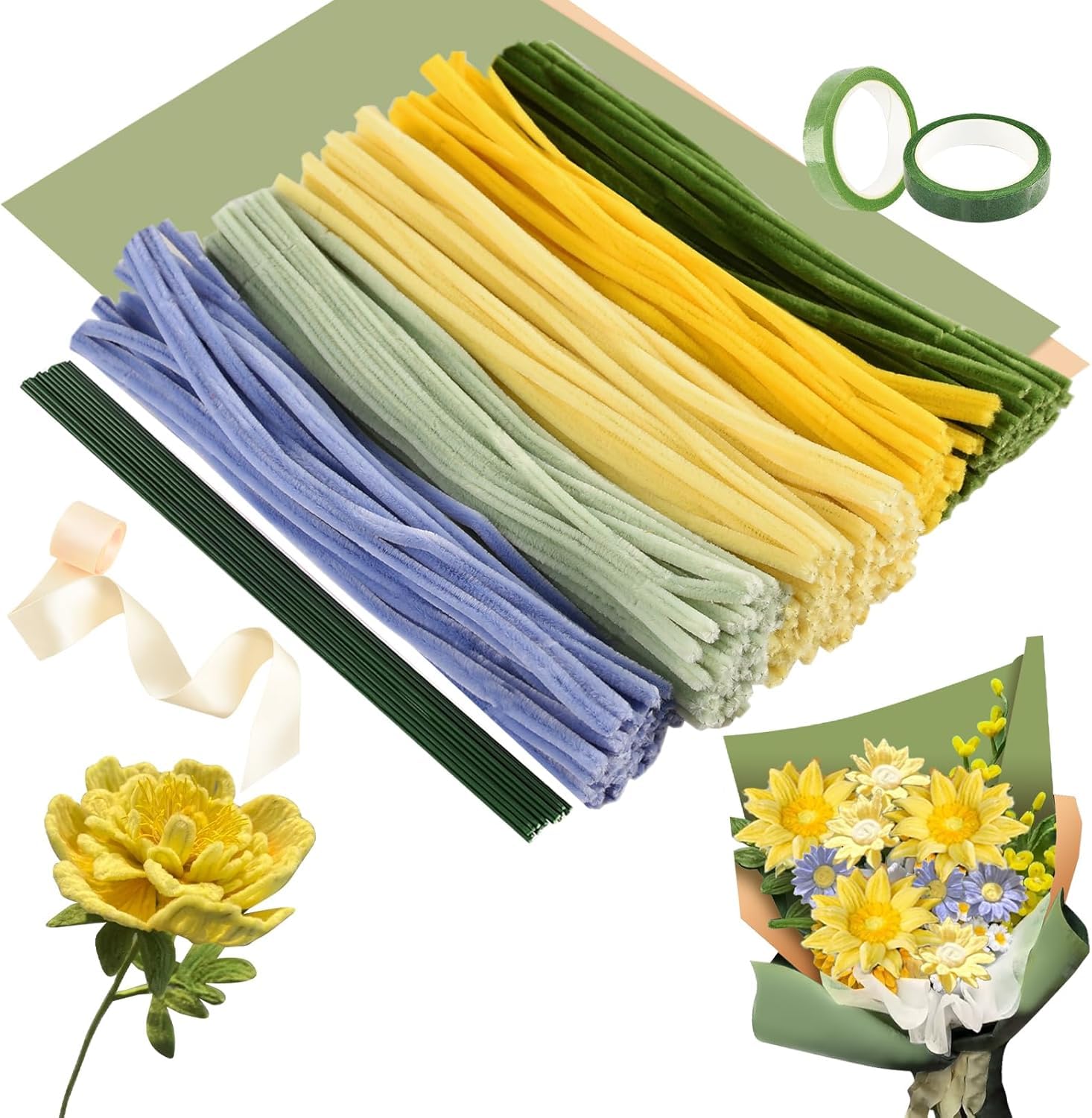 Pipe Cleaners Flower Set Pipe Cleaners for Crafts Pipe Cleaners for Crafts with Flower Wire Ribbon Flower Stamen for Bouquet DIY Wedding Gift Holiday Decoration (Green)