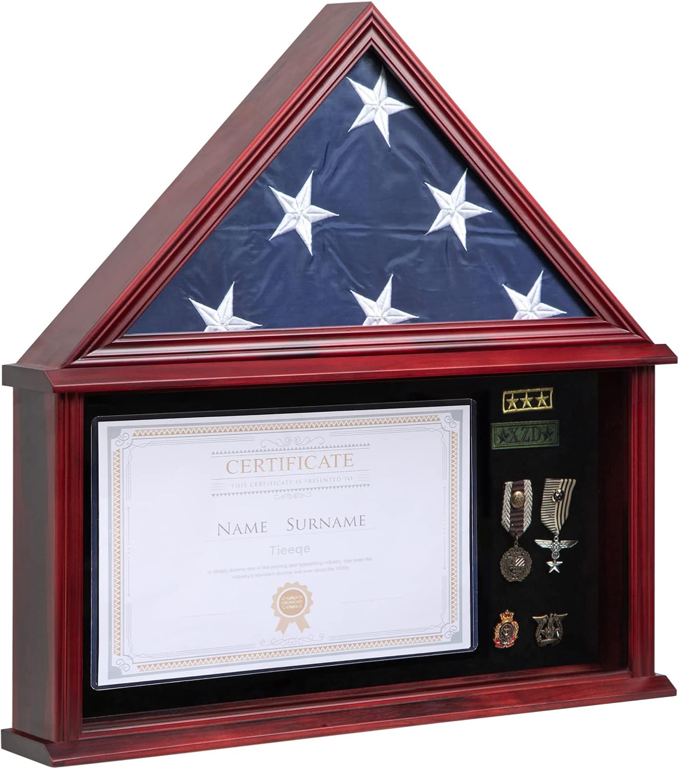 Large Military Shadow Box Solid Wood Burial Flag Display Case for American Veteran Flag Display Fit a Folded 5'x9.5' Flag Military Flag Display Case with Certificate Holder, Mahogany Finish