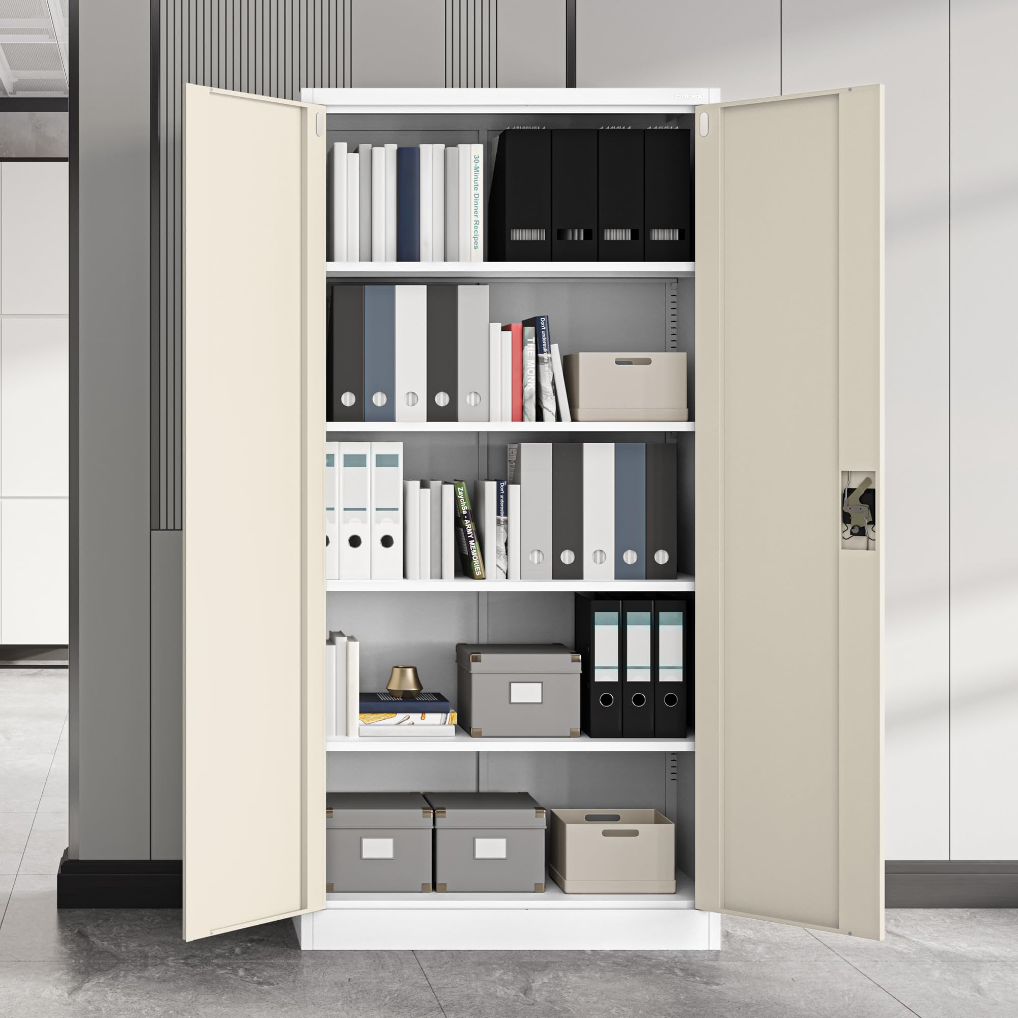 Jan Nowak Armoire de Bureau métallique 4 étagères tôle d'acier revêtement en Poudre 185 cm x 90 cm x 40 cm (Blanc/Imitation Bois)