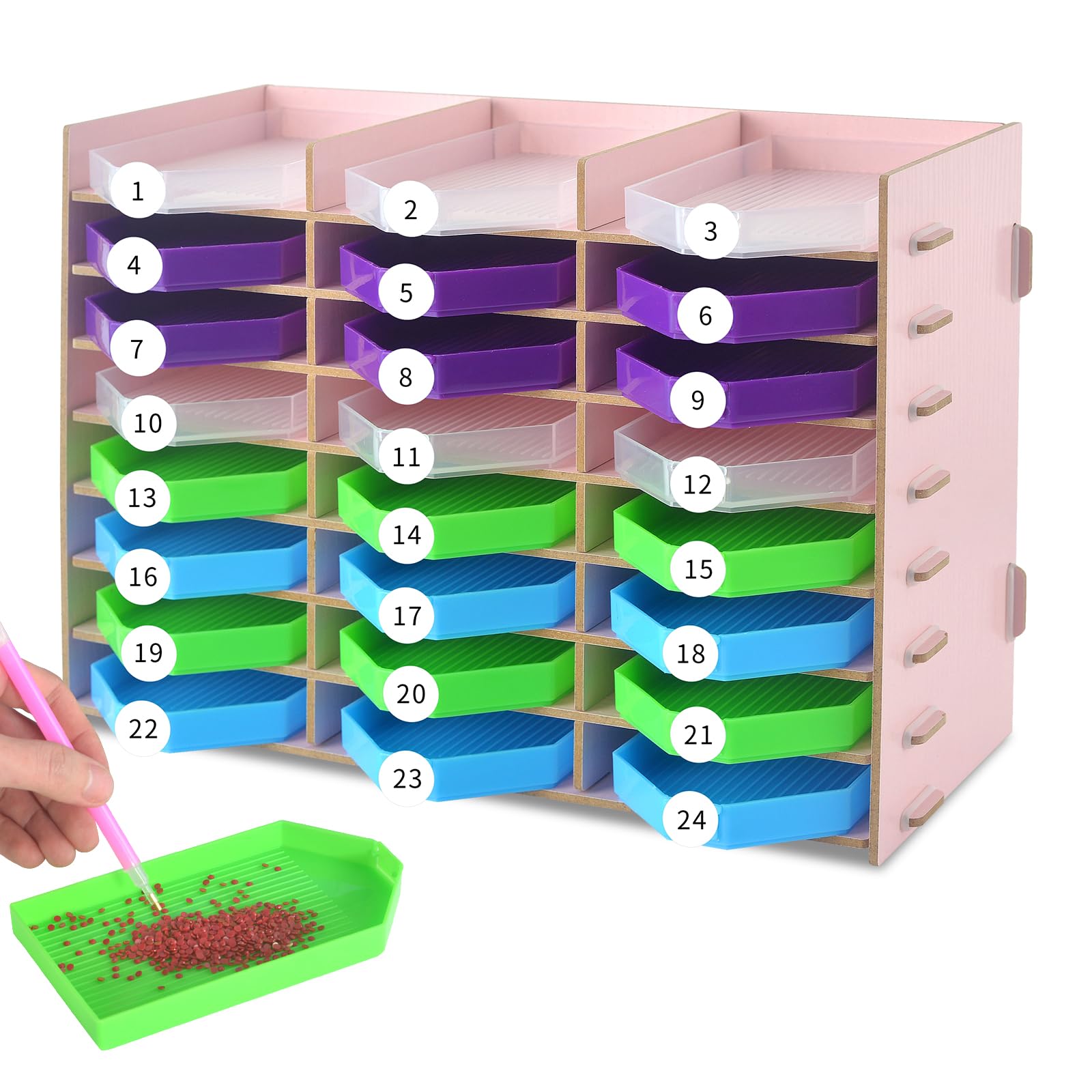 24 Grids Diamond Painting Tray Organizer with 24 Pieces Large Diamond Painting Tray Diamond Art Accessories Storage Rhinestone Dot Tools DIY Gem Art Craft Include Sticker(Pink)