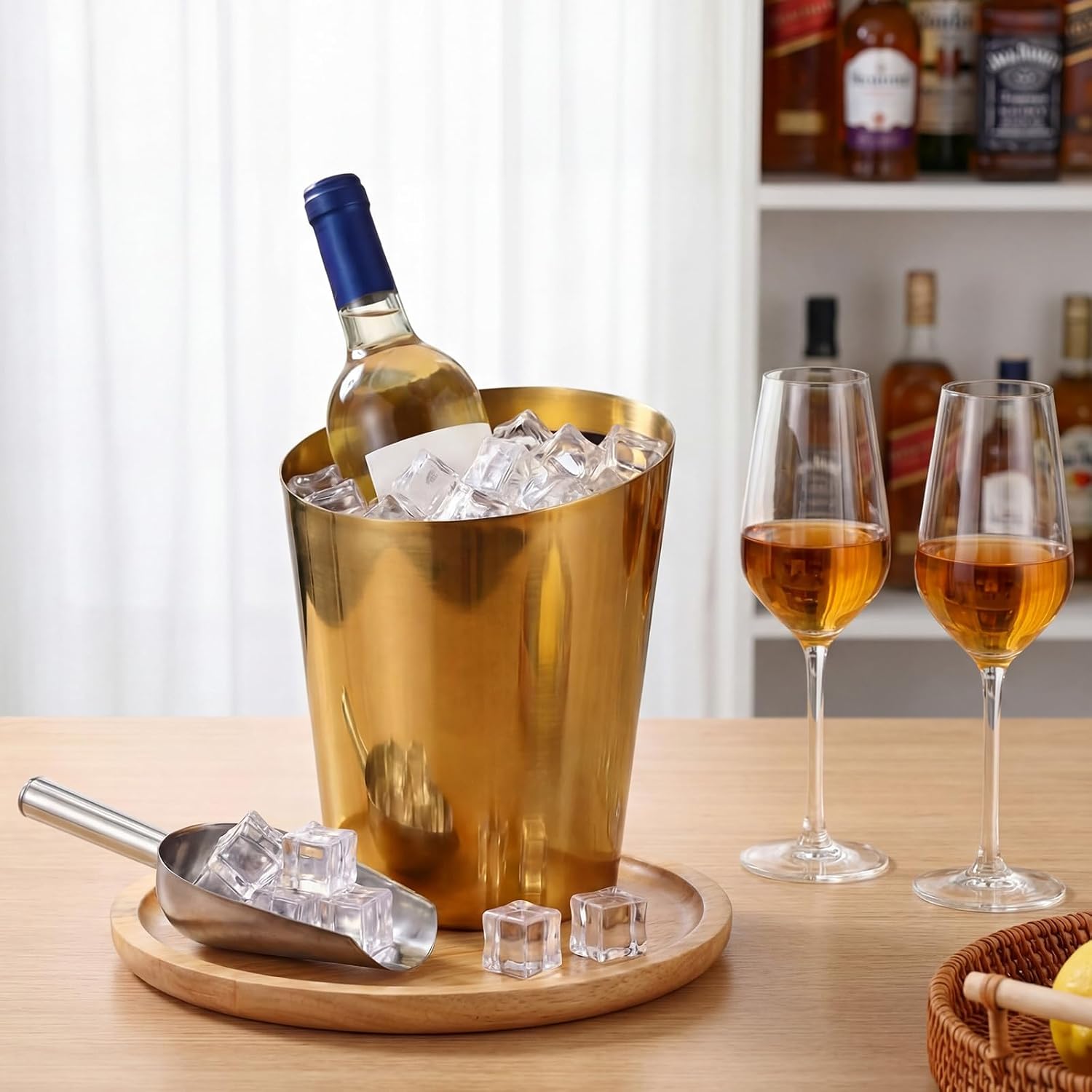 LemonRoad 2 Set Stainless Steel Champagne Bucket with Ice Scoop Gold Metal Beer Bucket with Handle 4.5 Quart Diagonal Ice Buckets Wine Chiller for Summer Pool Banquet Bar Party BBQ
