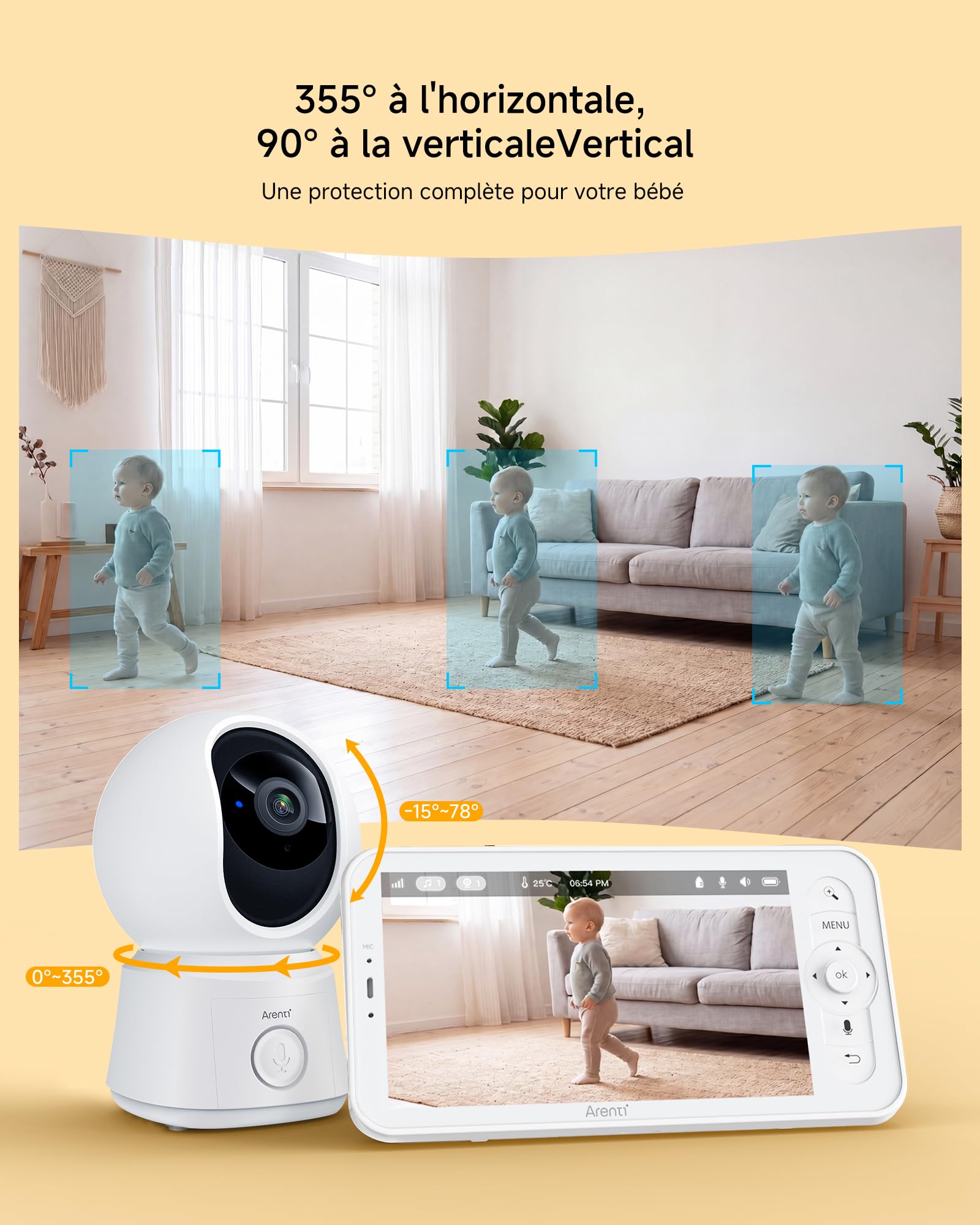 ARENTI Babyphone vidéo PTZ 1080P avec caméra avec écran 5", babyphone avec 2 caméras et Application, Appel en Une Touche, capteur de température, Berceuse, Audio 2 Voies, Mode VoX, Suivi Automatique