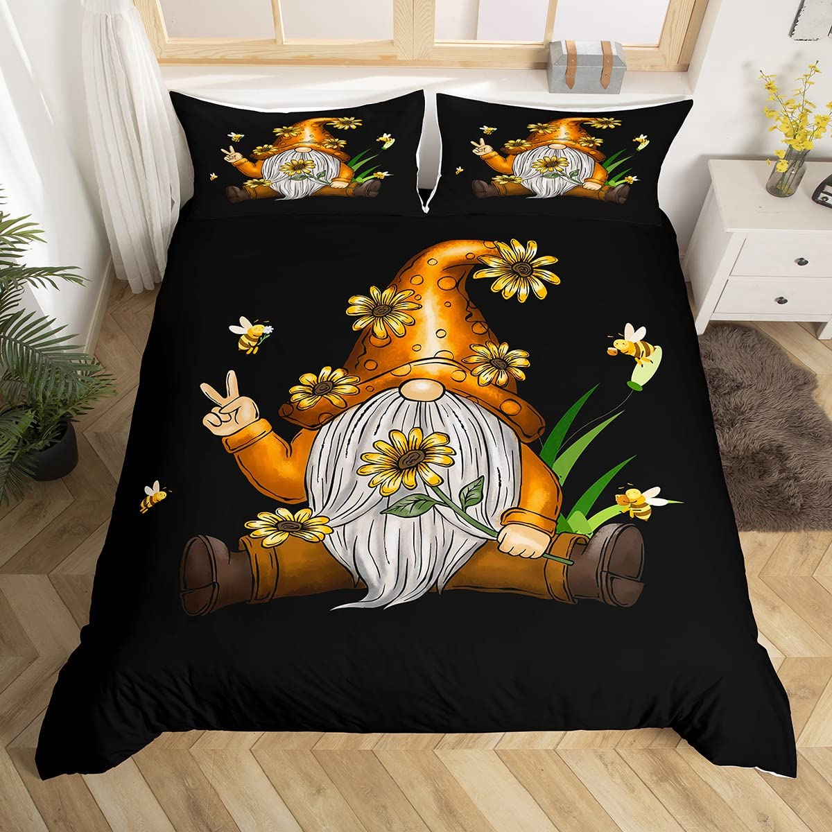 Homewish Gnome Duvet Cover Super King Size Rustic Gnome Bedding Set For Teens Adult Spring Sunflower Honey Bees Comforter Cover Vintage Garden Bed Cover With 2 Pillow Sham Lightweight Soft