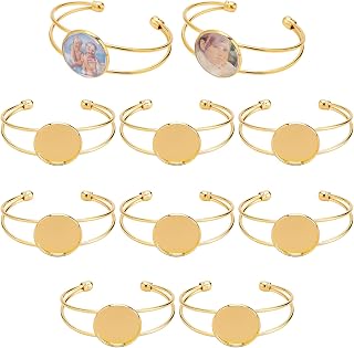SUNNYCLUE 10Pcs 25 mm Cabochon Bezel Tray Blank Bangle Adjustable Round Bracelet Blank Cuff Bangle Bracelets for Jewelry Making Bulk Brass Bracelets Blanks Craft Adult Women Valentine's Day Golden
