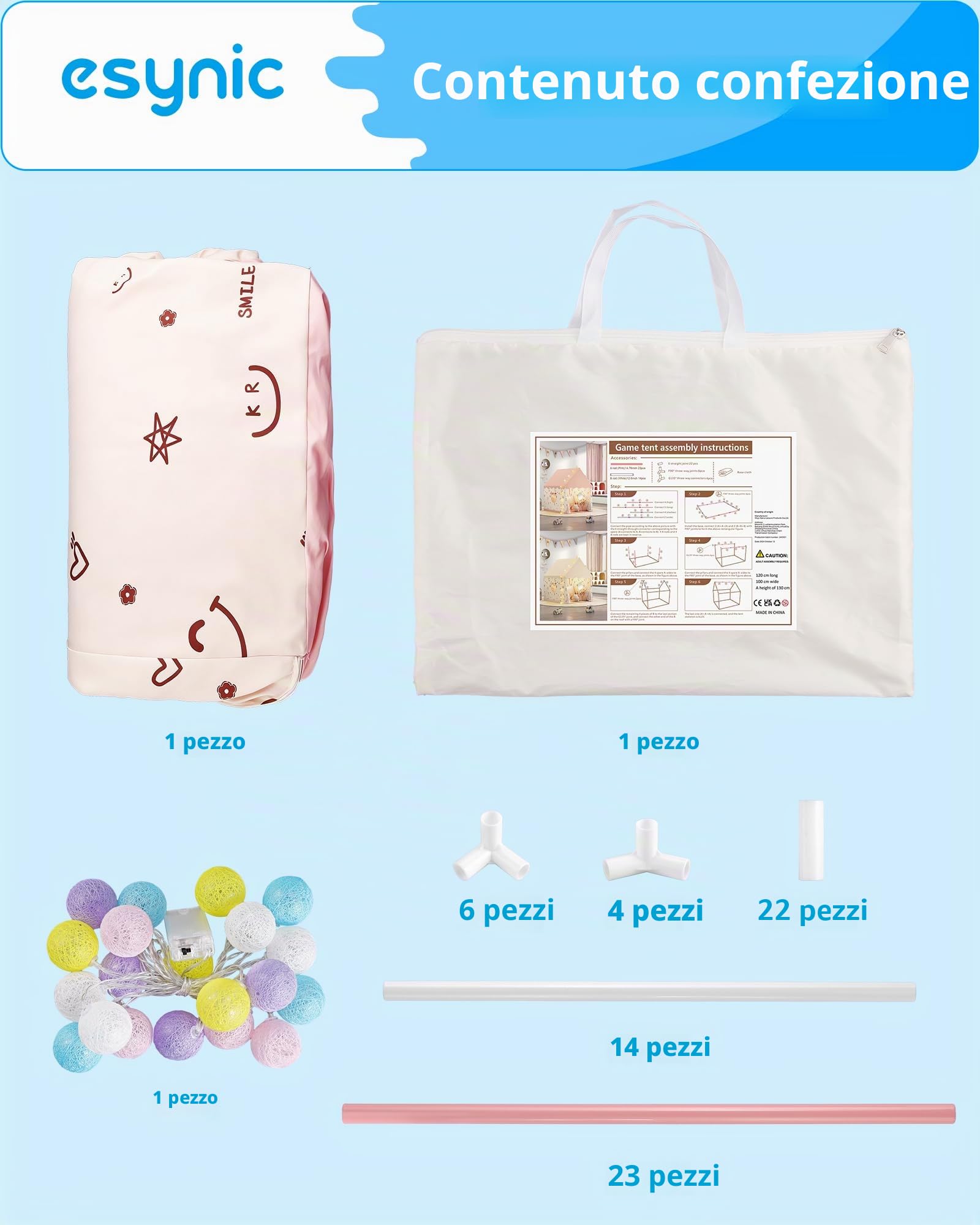 eSynic Tenda da Gioco per Bambini con Luci LED Decorative, Casetta Stanza di Attività Giochi Riposo con 2 Finestre per 2-3 Piccoli, Angolo da Lettura Studio, Facile da Montare - Rosa
