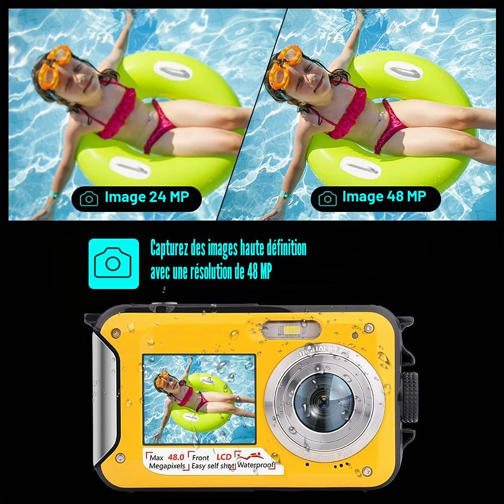 UCY01 Appareil Photo étanche Full HD 2,7 K 48 MP Appareil Photo numérique étanche avec Double écran, Zoom numérique 16x et retardateur